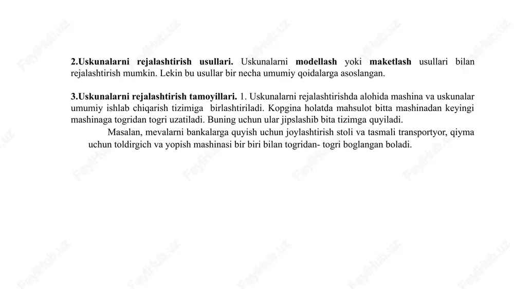 y balandligi; har bir qavatning balandligi; qurilish konstruksiyalarining (pol, fundament va hokazo) olchamlari; eshik va derazalar olchamlari; poldan derazagacha va derazadan yuqorigacha bolgan masofa; texnologik tizimlarning oqlari orasidagi, devorgacha, alohida turadigan 1-rasm. sharbat sexining rejasi 1-boshqaradigan tusiq; 2-tindirgich; 3-tebranma elak; 4-taqsimlovchi vanna; 5-asbotsementli truboprovod; 6-boshqaradigan tusiq; 7-tebranma elak; 8-avtomatik tarozi; 9-ikkisektsioyali bunker; 10- olma kesish mashinasia; 11-mezga uchung sig‘im; 12-nasos; 13-pak-press; 14-suzgich; 15-sharbat uchun sig‘im; 16-nasos; 17-yig‘gich; 18-nasos; 19-maydalagich; 20-tasmali transportyor; 21-quritkich; 22-skrebkali transportyor; 23-elevator; 24-chiqarish trubasi; 25-qoplarni to‘ldirish mashinasi; 26- tarozi; 27-boshqarish pulti. 2-rasm. konserva sexining rejasi. (“kompleks” firmasi, vhr): 1-21-meva sharbatini ishlab chiqarish liniyasi; 1-4, 1-9, 22-55-yarimtayyor mahsulot va murabbo ishlab chiqarish liniyasi; 56-meva bandini ajratish apparati; 57-yuvish mashinasi; 58-mevalarni tozalash uchun stol; 59-sharbat uchun yig‘uv baki; 40-yig‘uv stoli; 41-shit; 42-havo quritkich; 43- kondensator; 44-nasos; 45-vakuum-nasos; 46-salfetkalarni yuvish mashinasi; 47-tsentrifuga; 48- mevalarni saralash mashinasi; 49-blanshirlash apparati; 50-tebranma stol; 51-olmalarni kesish mashinasi; 52-danak ajratish mashinasi; 53-qozon; 54-qozonlar; 55-stol; 56-qiyom …