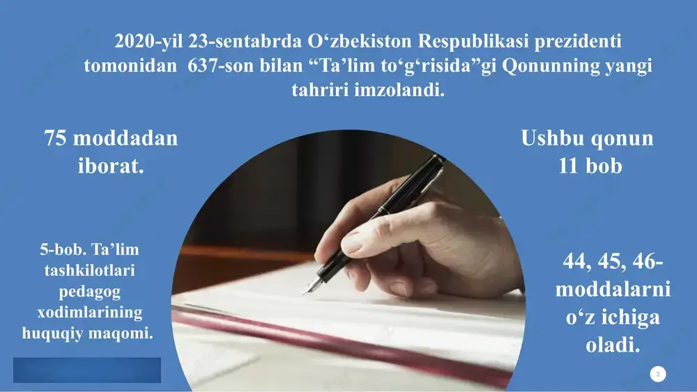 ikda olib borishi; 6 ta’lim tashkilotining ustaviga va (yoki) boshqa ta’sis hujjatlariga, ichki mehnat tartibi qoidalariga rioya etishi; 8 tibbiy ko‘rikdan o‘z vaqtida o‘tishi shart. 9 pedagog xodimlarning zimmasida qonunchilikka, shuningdek ta’lim oluvchi va ta’lim tashkiloti o‘rtasida tuziladigan shartnomaga muvofiq boshqa majburiyatlar ham bo‘lishi mumkin. 10 pedagog xodimlarning kiyim-boshiga doir talablar ta’lim tashkilotlari tomonidan belgilanadi. 7 o‘z malakasini muntazam ravishda oshirib borishi, egallab turgan lavozimiga muvofiqlik jihatidan davriy attestatsiyadan o‘tishi; pedagog xodimlarning majburiyatlari: pedagogika (grekcha-paida-bola, gogos- yetaklovchi) atamasi bo‘lib, “bola yetaklovchi” degan ma’noni bildiruvchi grekcha “paydogogos” so‘zidan kelib chiqqan. 10 o’qituvchilik inson jamiyati tarixi boshlangandan e’tiboran davom etib, shu bilan birga hamma vaqt jamiyat va jamoatchilik tomonidan e’tiborga loyiq e’zozlab kelingan kasbdir. bayon etadi o‘rta o‘qituvchi yaxshi o‘qituvchi tushuntiradi mashhur o‘qituvchi namoyish etadi buyuk o‘qituvchi ruhlantiradi uilyam artur uord (1867-1920) 12 1 2 6 5 4 3 8 7 bu oson ekan-ku! men buni albatta bajaraman! men buni bajara olaman. …