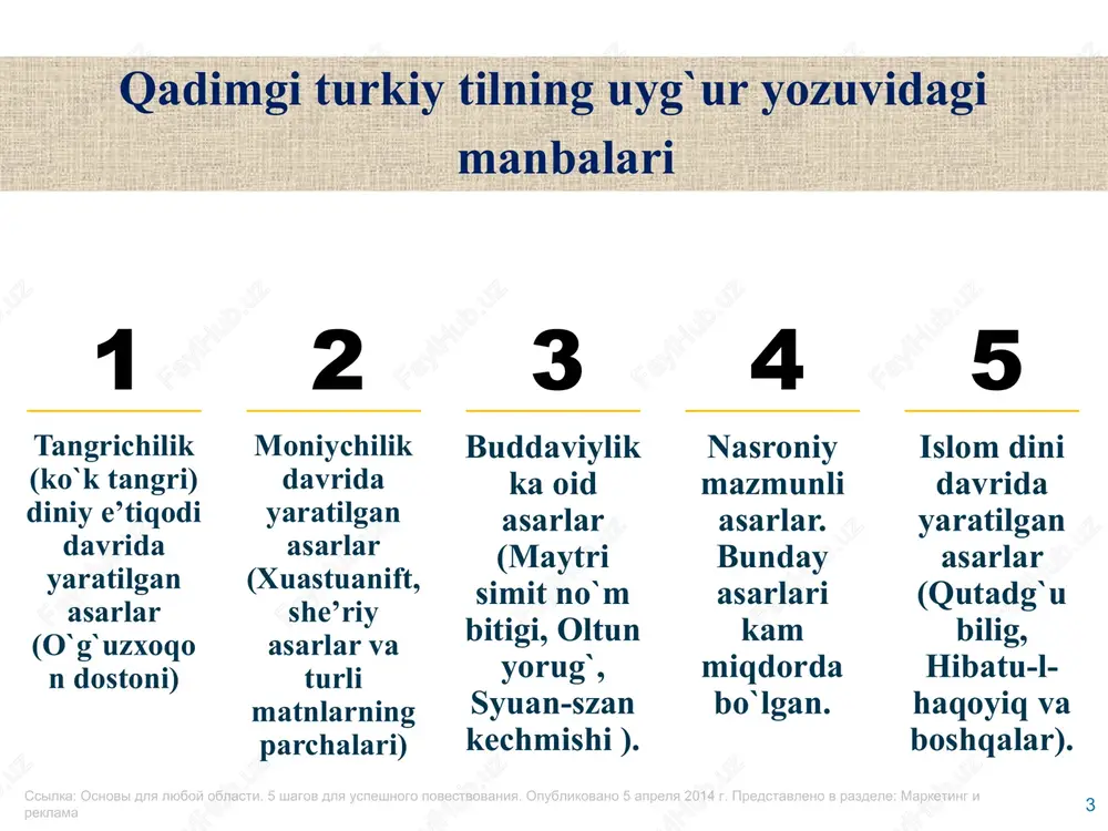 rporatsiya maykrosoft (microsoft corporation), 2014. vse prava zashisheni. korporatsiya maykrosoft ne predostavlyaet nikakix garantiy (yavnix, podrazumevaemix ili predusmotrennix zakonom) v otnoshenii svedeniy, soderjashixsya v etoy prezentatsii. 8 22.11.2019 13:34 9 “maytri simit no`m bitigi” asar sahnada qo`yishga mo`ljallangan bo`lib, 27 ta pardadan iborat. asar tangri burxon va shogirdi maytri haqida. asar 1959-yili xitoydan topiladi. asarni bir chorvador mol boqib yurganda topib oladi. kigizga o`ralib, toshlar ostiga ko`mib qo`yilgan bo`ladi. 293 varoqdan iborat. savob haqida gap boradi. ichida kimlar nusxa ko`chirgani, qaysi tillarda ekanligi haqida ma’lumotlar berilgan. maytri –mehribonlik, do`stlik, yaxshi niyat ma’nolarini anglatadi. 3 © korporatsiya maykrosoft (microsoft corporation), 2014. vse prava zashisheni. korporatsiya maykrosoft ne predostavlyaet nikakix garantiy (yavnix, podrazumevaemix ili predusmotrennix zakonom) v otnoshenii svedeniy, soderjashixsya v etoy prezentatsii. 9 22.11.2019 13:34 10 1. sanskrit. 2. xitoy.3. qad. turkiy. sanskritcha nomi suvarnaprabhasa deb nomlanadi. asar dastlab sanskrit-xitoy-qadimgi turkiy tillariga tarjima qilinadi. qad.tur nashri 710 sahifadan iborat. insoniyatni to‘g‘ri …