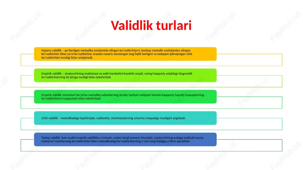 tatistik xatolik bilan mos kelishini bildiradi. har qanday tadqiqotda to’plam reprezentativligini ta`minlash uchun ma`lum sharoitlarga amal qilish kerak. ulardan asosiylari quyidagilar: a) bosh to’plamning har bir birligi to’plamga tushish ehtimoli bo’lishi zarur; b) o’zgaruvchi to’plam o’rganilayotgan belgiga bog`liq bo’lmagan ravishda tanlanadi; v) tanlov bir xil to’plamlardan amalga oshiriladi; g) tanlovda birliklar soni ko’p bo’lishi lozim. keng ma`noda reprezentativlik metodikaning validligi bilan bog`liq. reprezentativlik bosh to’plamga mos standartlashtirish tanlanma to`plam verifikatsiya talabi shuni anglatadiki, ilmiylik statusiga talabgor har qanday ilmiy tushuncha, fanga kiritilayotgan yangiliklar, albatta, haqiqiy ma'nosiga ega ekanligini aniqlash maqsadida tekshiruvdan o‘tkazilishi shart. «verifikatsiya» so‘zi «tekshirish» ma'nosini anglatadi. bu har qanday tushuncha bo‘shliqdan paydo bo‘lmaganligini, haqiqatdan ham mavjudligini isbotlashda, unga mos psixodiagnostik muolajalar yordamida amalga oshiriladi. masalan, biz fanga «motiv» tushunchasini kiritmoqchimiz, u holda birinchi navbatda ushbu tushunchaga oid bizga ma'lum tushunchalar va ushbu tushuncha ma'nosiga oid diagnostik belgi, ko‘rinishlarni aniq tavsiflab bera olishimiz kerak. «motiv» tushunchasini quyidagicha ta'riflab ko‘raylik. …