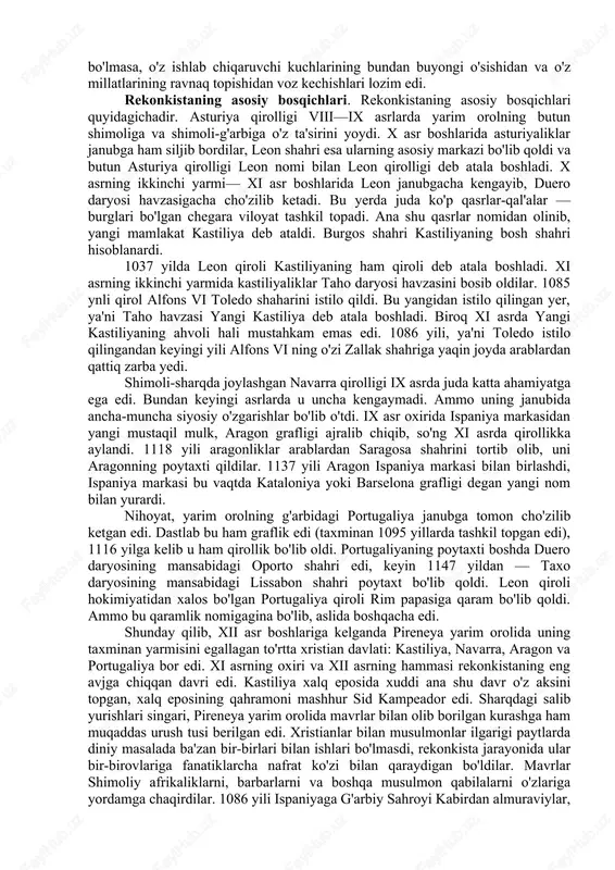 da og'ir bo'ldi, vaqt o'tishi bilan feodal ekspluatatsiyasini tobora ko'proq qo'lladi, buning yoniga kuchayib boruvchi milliy zulm va huquq jihatdan tengsizlik qo'shildi, xristian aholisini zo'rlab musulmon diniga o'tkazishdek qo'pol diniy musulmon fanatizmi avj oldi. xalifalikdagi aholining katta ko'pchiligi arab bo'lmagan xalqlar edi. mavrlar nisbatan juda ozchilikni tashkil etardilar. pireneya yarim orolining istilo qilingan xalqlari garchi qisman arab tilini o'rganib olgan (mosarablar), ba'zilari hatto musulmon dinini qabul qilgan (renegatos) bo'lsalar-da, lekin ular bari bir, mavrlarga kelgindi istilochilar va zolimlar deb qarardilar. tabiiyki, ular yarim orolda istilo etilmay qolgan va pireneya yarim orolining shimol va shimoli-sharqdagi tog'li o'lkalardan janubga tomon asta-sekin hujum boshlagan qismini qo'llab-quvvatlar edilar. vestgot davlatining sobiq poytaxti bo'lgan toledo shahari arablarga sira bo'yin egmadi. ix—xi asrlar davomida toledo aholisi qurdoba xalifaligiga qarshi bir necha bor qo'zg'olon qildi. shimolda asturiya (bosh shahri oviyedo), navarra va ispan markasi yerlari arablar tomonidan istilo qilinmagan edi. yarim orolning sharqidagi ispan markasini bir vaqtlar …
