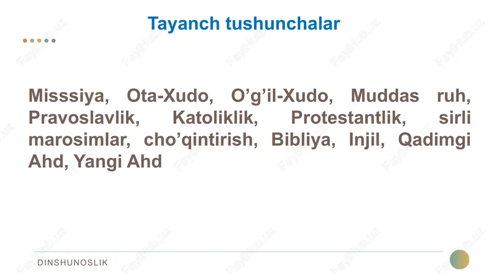 a yotgan erlarda buddizm hukmron din sanalgan va bu erda arablar kelishiga qadar boshqa joylardagiga nisbatan uzoqroq vaqt saqlanib turgan. dastlabki buddist missionerlarning markaziy osiyoga kirib kelishi dinshunoslik buddizmda budda ta’limoti va hayotining botiniy mohiyatini ifodalovchi ramz-timsollarning butun boshli bir tizimi shakllantirilgan dinshunoslik ko‘proq tarqalgani budda va uning ta’limotini anglatuvchi g‘ildirak yoki yarqirab turuvchi aylana tasviridir. buddizmdagi ramz-timsollar buddaning hayotiy aylanishlari bosqichlarini ifodalovchi ho‘kiz, sher, fil, ot ramzlari keng tarqalgan (masalan, fil – yer uzra ko‘tarilgan budda ramzi). dinshunoslik o’zbekiston hududida buddizmga oid topilmalar xx asrning boshlaridayoq amudaryoning o‘ng qirg‘og‘ida buddizmga oid ko‘psonli tangalar, haykaltaroshlikka oid mayda tasvirlar va boshqa yodgorliklarni topganlar 1927 yilda sharq madaniyatlari muzeyi va sredazkomstaris ekspeditsiyasi qadimiy termizni o‘rganish bo‘yicha ilmiy-tadqiqot o‘tkazib, u erda qator grek-buddizm yodgorliklari mavjudligini aniqladi. termiz arxeologik kompleks ekspeditsiyasining (take) ishlari natijasida qoratepa va chingiztepa balandliklarida ikkita yirik buddizm monastiri bo‘lganligi aniqlandi va grek-buddizm me’morchiligi va haykallarining parchalari topilgan o‘nlab joylar qayd …