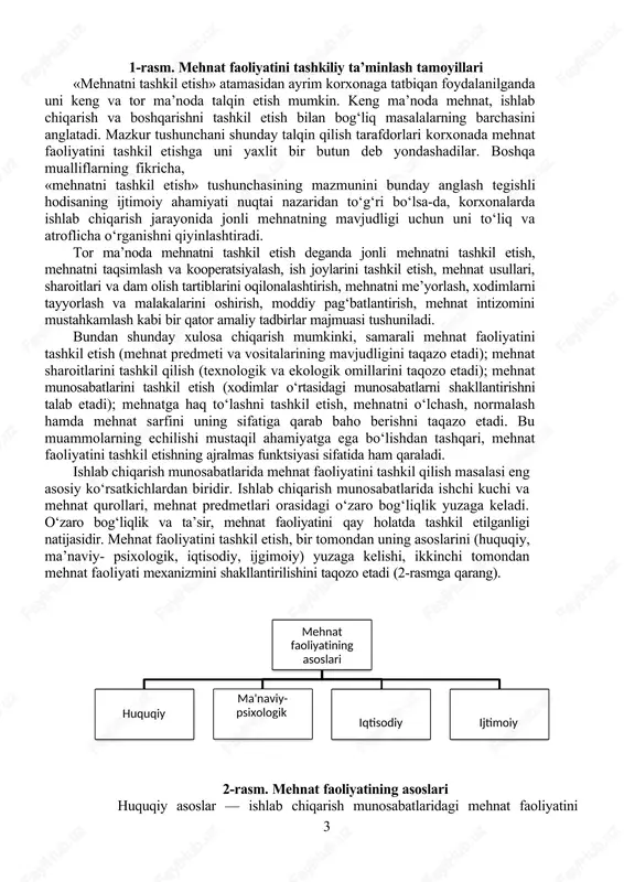 qilayotganda «mehnatni ijtimoiy tashkil etish» tushunchasidan foydalaniladi. 207 ilmiylik (xodimlar faoliyatini tashkil etishda fanning so’nggi yutuqlaridan foydalanish) komplekslik (xodimlar faoliyatini tashkil etishni uning barcha yo’nalishlari bo’yicha va barcha xodimlarga nisbatan kompleks tarzda takomillashtirish)ar 1-rasm. mehnat faoliyatini tashkiliy ta’minlash tamoyillari «mehnatni tashkil etish» atamasidan ayrim korxonaga tatbiqan foydalanilganda uni keng va tor ma’noda talqin etish mumkin. keng ma’noda mehnat, ishlab chiqarish va boshqarishni tashkil etish bilan bogʻliq masalalarning barchasini anglatadi. mazkur tushunchani shunday talqin qilish tarafdorlari korxonada mehnat faoliyatini tashkil etishga uni yaxlit bir butun deb yondashadilar. boshqa mualliflarning fikricha, «mehnatni tashkil etish» tushunchasining mazmunini bunday anglash tegishli hodisaning ijtimoiy ahamiyati nuqtai nazaridan toʻgʻri boʻlsa-da, korxonalarda ishlab chiqarish jarayonida jonli mehnatning mavjudligi uchun uni toʻliq va atroflicha oʻrganishni qiyinlashtiradi. tor ma’noda mehnatni tashkil etish deganda jonli mehnatni tashkil etish, mehnatni taqsimlash va kooperatsiyalash, ish joylarini tashkil etish, mehnat usullari, sharoitlari va dam olish tartiblarini oqilonalashtirish, mehnatni me’yorlash, xodimlarni tayyorlash va malakalarini …