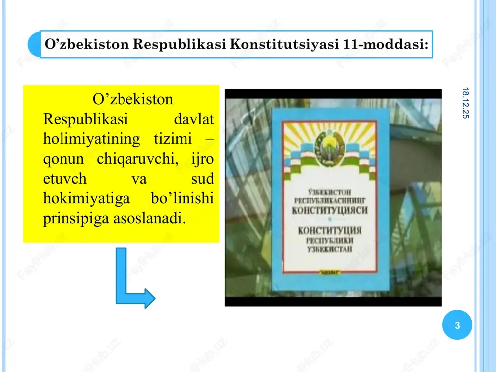 lishiga rahbarlikni ta’minlovchi o`zbekiston respublikasining ijro etuvchi hokimiyat organi hisoblanadi. vazirlar mahkamasi o`z faoliyatini o`zbekiston respublikasining 6 may 1993 yildagi n818-xii sonli «o`zbekiston respublikasining vazirlar mahkamasi to`g`risida»gi qonuniga muvofiq olib boradi. * * o`zbekiston respublikasi bosh vaziri o`zbekiston respublikasi bosh vaziri vazirlar mahkamasi faoliyatini tashkil etadi va unga rahbarlik qiladi, uning samarali ishlashi uchun shaxsan javobgar bo`ladi, vazirlar mahkamasining majlislariga raislik qiladi, uning qarorlarini imzolaydi, o`zbekiston respublikasi prezidentining topshirig`iga binoan xalqaro munosabatlarda o`zbekiston respublikasi vazirlar mahkamasi nomidan ish ko`radi o`zbekiston respublikasi qonunlarida, o`zbekiston respublikasi prezidentining farmonlari, qarorlari va farmoyishlarida nazarda tutilgan boshqa vazifalarni bajaradi. * * viloyat tarkibida: 12 tuman - arnasoy, baxmal, do`stlik, jizzax, zarbdor, zafarobod, zomin, mirzacho`l, paxtakor, yangiobod, forish, g`allaorol; 1 ta viloyatga bo`ysunuvchi shahar - jizzax shahri; 7 ta tumanga bo`ysunuvchi shaharlar; 8 ta shahar tipidagi qo`rg`on; 561 ta qishloq mavjud * * o`zbekiston respublikasining sud hokimiyati o`zbekiston respublikasida sud hokimiyati qonun va ijro hokimiyati, siyosiy …