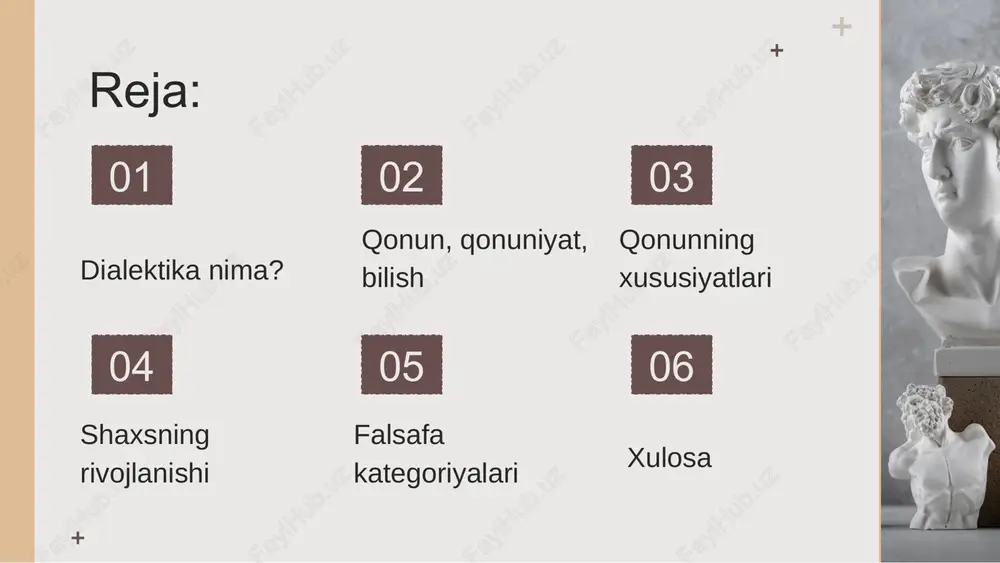 ha bir-biridan farq qiladi. qarama-qarshilik va ziddiyat qonuni. miqdor va sifat o‘zgarishlari dialektikasi. inkorni-inkor qonuni va vorisiylik. dinamik qonunlar (qattiq determinatsiya), statistik (ehtimoliy) qonunlar, simmetrik qonunlar, boshqaruv qonunlari. falsafada rivojlanish, o‘zgarish, taraqqiyot jarayonlari dialektik nuqtai nazardan qarama-qarshiliklar birligi va ana shu birlik asosida ro‘yo beradigan o‘zgarishlar asosida o‘rganiladi. i qonun, bu – muhim xarakterga ega bo‘lgan aloqadir. qonuniyat *hodisalarning ob’ektiv mavjud, zaruriy, muhim, takrorlanuvchi aloqalari. *qonunlar majmui amal qiluvchi zaruriy jarayon. farqli jihatlar: qonun qoidalarning bir tomoni sifatida namoyon bo’ladi, qonuniyat esa qonun amal qilishining natijasining majmui sifatida namoyon bo’ladi. qonuning xususiyatlari 03 zaruriy aloqalar ifodasi hodisaga nisbatan soddaroq qonunning xarakterli xususiyatlari: eng umumiy shakl jarayonlarning ichki mohiyatini ko’proq ochib beradi barqaror, doimiy aloqalarni ifodalaydi tabiat va jamiyat qonunlari ob’ektiv xarakterga ega qonun qonun qonun qonun qonun qonun shaxsning rivojlanishi 04 odam ijtimoiy mavjudot sifatida shaxs nomini olish uchun ijtimoiy, iqtisodiy hayot va ta’lim tarbiya kerak bo’ladi. biologik omillar ijtimoiy …