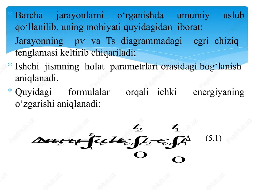 sodir bo‘ladigan termodinamik jarayon izotermik jarayon deyiladi. boyl-mariott qonuniga asosan t=const. izotermik jarayonning pv koordinatalari diagrammasi giperboladan, ts –koordinatadagi diagrammasi obtsissa o‘qiga parallel chiziqdan iborat (5.3-rasm). tizim xolatlarining tenglamalarini quyidagicha yozish mumkin. p1v1=rt1; p2 2=rt2. t=const bo‘lganligi uchun t1=t2. boyl-mariott qonunining ifodasi tizim holat tenglamalarining nisbatidan topiladi. p1/p2=v2/v1 yoki p1v1=p2v2…pnvn=const (5.20) demak, o‘zgarmas temperaturadagi berilgan gaz massasi bosimining hajmiga ko‘paytmasi o‘zgarmas kattalikdir. jarayonning ishini gazning kengayish ishi: orqali aniqlash mumkin. gazning holat tenglamasidan p=rt/. 5.3-rasm. gaz holatini izotermik jarayonda o‘zgarishining pv - va ts - diagrammalari termodinamik tizimga uzatilgan issiqlik miqdorini termodinamikaning birinchi qonunini yozib, uning tahlilidan aniqlaymiz. dqt=cvdt+pdv izotermik jarayonda t= const bo‘lganligi uchun dt=0. shu sababli du=cvdt ekanligidan, izotermik jarayonda ichki energiyaning o‘zgarishi nolga teng, ya’ni du=0 (5.22) demak, tizimga uzatilgan issiqlik miqdori tashqi ta’sir kuchiga qarshi mexanik ish bajarishga sarflanadi. dqt=dℓ (5.23) issiqlik miqdori ts-diagrammada balandligi t va asosi st ga teng to‘rtburchak yuziga teng, ya’ni qt=ts. …