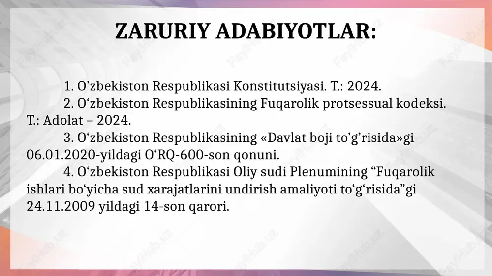ional oddiy oddiy davlat boji qat’iy, avvaldan belgilangan stavkada undiriladi. hozirgi kunda oddiy davlat bojining miqdori bhmga bilan bog‘liq. masalan, nikohdan ajratish haqidagi da’vo arizalaridan eng kam ish haqining 2 barobari miqdorida davlat boji undiriladi proporsional davlat boji da’vo bahosiga nisbatan foiz bilan hisoblab undiriladi. masalan, mulkiy tusdagi da’volar bo‘yicha da’vo bahosining 4 foizi miqdorida, biroq bhmdan kam bo‘lmagan miqdorda davlat boji to‘lanadi. fuqarolik ishlari bo‘yicha sudlarda davlat bojini to‘lashdan ozod qilish da’vogarlar ish haqini undirish to‘g‘risidagi da’volar va mehnat huquqlari munosabatlaridan kelib chiqadigan boshqa talablar yuzasidan da’vogarlar alimentlar undirish to‘g‘risidagi da’volar yuzasidan da’vogarlar mehnatda mayib bo‘lganligi yoki sog‘lig‘ining boshqacha tarzda shikastlanganligi, shuningdek boquvchisi vafot etganligi tufayli yetkazilgan zararning o‘rnini qoplash to‘g‘risidagi da’volar yuzasidan da’vogarlar qonunga xilof ravishda hukm etganlik, jinoiy javobgarlikka tortganlik, ma’muriy jazo berganlik tufayli jismoniy shaxsga yetkazilgan zararning o‘rnini qoplash bilan bog‘liq nizolar yuzasidan da’vogarlar jinoyat tufayli yetkazilgan moddiy zararning o‘rnini qoplash to‘g‘risidagi da’volar yuzasidan fuqarolik ishlari …