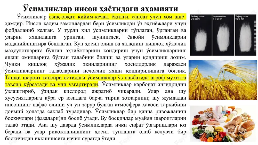 ng issiqlikk bo'lgan munosabatlariga ko'ra issiqsevar na sovuqbardosh xillarga bo'linadi. o'simliklarda fotosintez jarayonida havo harorati 0s dan yuqori bo'lganida boshlanadi va 20—35sda juda jadallashadi, 40—45s da esa tuxtaydi. issiqsevar o'simliklar mamlakatimiz janubida, sovuqqa bardosh o'simliklar esa shimoliy rayonlarda o'stiriladi. atrof muhit harorati o'simliklarning barcha hayotiy jarayonlariga: urug'ning una boshlashi, karbonat angidrid gazini assimilyatsiyalashga, nafas olish, suvni o'zlashtirish va uni bug'lantirishga ta'sir ko'rsatadi. o'simlikni issiqlikka bo'lgan talabiga uni ekish muddatlari va o'stirish rayonlari belgilanadi. maksimumdan yukori va minimumdan past harorat o'simliklarga salbiy ta'sir ko'rsatadi. ayrim xollarda esa ularning nobud bo'lishiga olib keladi. sovuqbardosh o'simliklar, masalan, javdar va bug'doy singari o'simliklar urug'ining o'sa boshlashi uchun minimal harorat i— 2s va qulay harorat 25— 30 s, g'o'za, er yong'oq va sholi kabi issiqsevar o'simliklar urug'i una boshlashi uchun minimal harorat 12— 140s ni, optimal harorat 37— 450s ni tashkil etadi, ammo mazkur o'simliklar nihollarining paydo bo'lishi uchun zarur optimal harorat 18-220s. issiqsevar o'simliklar …