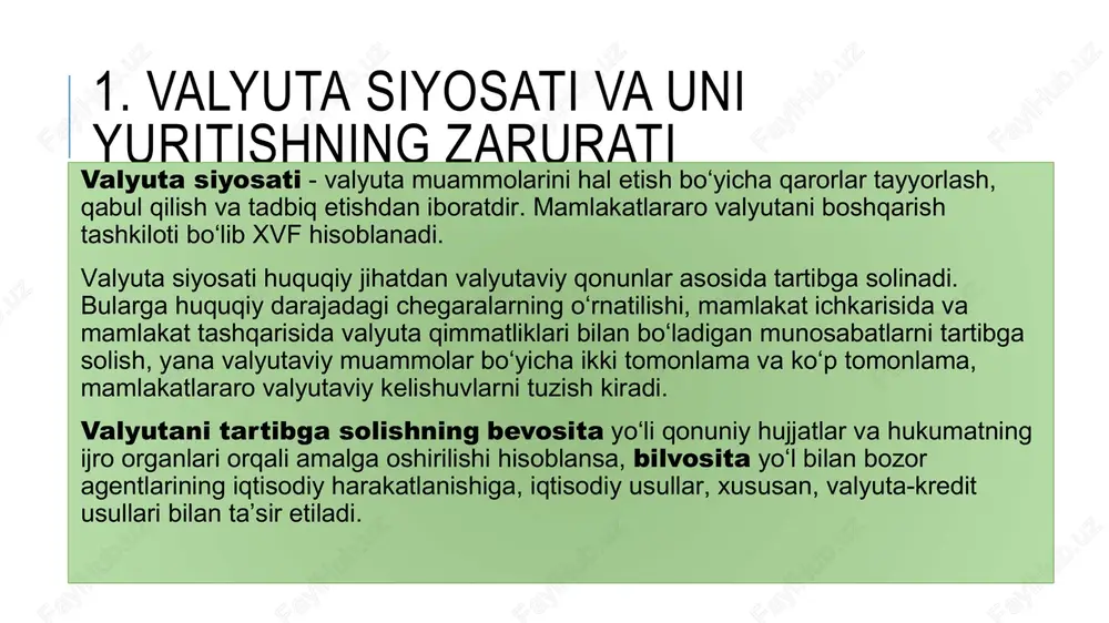 ladi. chunki, xazina veksellariga kafolatlovchi sifatida hukumatning o‘zi turganligidir. shuningdek, hukumatning o‘zi kafolat beruvchi sifatida turganligi uchun bu veksellar eng likvidli aktivlar toifasiga kiradi. 2. deviz siyosati. valyuta interventsiyasi. deviz siyosati. markaziy bankning deviz siyosati muomaladagi xorijiy valyuta miqdoriga ta’sir etish orqali valyuta kursiga ta’sir ko‘rsatish, shuningdek, chet el valyutasidagi aktivlar barqarorligini ta’minlashga qaratiladi. valyuta interventsiyasi. markaziy bankning deviz siyosatining eng keng tarqalgan shakli, valyuta interventsiyasi hisoblanadi. markaziy bankning milliy valyuta kursiga ta’sir etish maqsadida valyuta bozorida chet el valyutalarini sotib olish yoki sotishiga valyuta interventsiyasi deyiladi. hozirgi davrda valyuta interventsiyasidan ko‘zlangan maqsad - valyuta kursining qisqa vaqt oralig‘ida, kutilmaganda yuzaga keladigan keskin tebranishlarga barham berish hisoblanadi. 2. valyuta interventsiyasi. valyuta interventsiyasi rasmiy oltin-valyuta zaxiralari yoki markaziy banklarning banklararo “svop” bitimlari hisobiga amalga oshiriladi. valyuta interventsiyasi xix asrdan boshlab qo‘llanila boshladi. masalan, gollandiya markaziy banki, avstriya-venger banki milliy valyuta kursini barqaror tarzda ushlash uchun undan foydalanishgan. hozirgi vaqtda, har qanday …