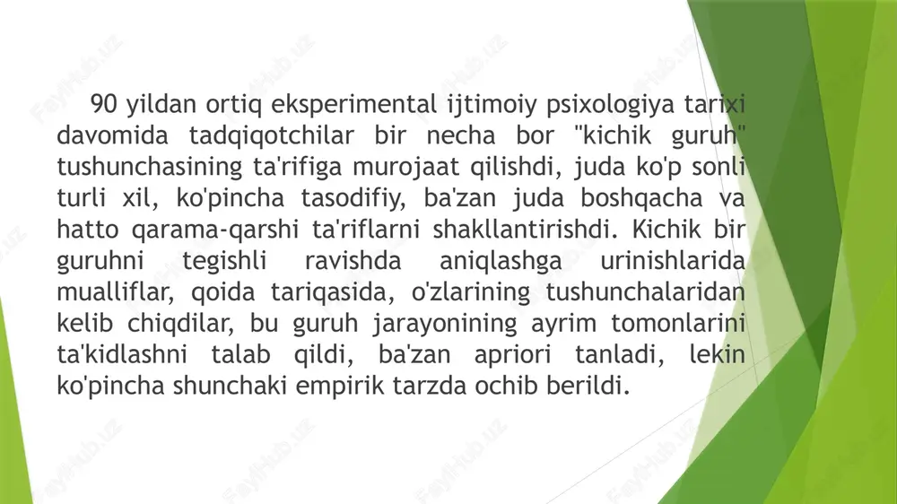 iq amalga oshiriladi. ushbu tushuncha bilan kichik guruh aslida vakuumda emas, balki ma'lum bir ijtimoiy munosabatlar tizimida mavjud bo'lgan guruh bo'lib, u muayyan turdagi ijtimoiy faoliyat sub'ekti sifatida "ma'lum bir ijtimoiy tizimning bo'g'ini sifatida, ijtimoiy tuzilmaning bir qismi sifatida. " ta'rif, shuningdek, kichik guruhning uni katta guruhlardan ajratib turadigan o'ziga xos xususiyatini tuzatadi: bu erda ijtimoiy munosabatlar bevosita shaxsiy aloqalar ko'rinishida namoyon bo'ladi. psixologiyada keng tarqalgan "aloqa guruhi" atamasi bu erda aniq tarkibga ega bo'ladi: kichik guruh bu nafaqat odamlar o'rtasidagi har qanday aloqalar (chunki har doim o'zboshimchalik bilan odamlarning tasodifiy yig'ilishida ba'zi aloqalar mavjud), balki ma'lum ijtimoiy aloqalar. aloqalar amalga oshiriladi va ular birgalikdagi faoliyat vositasida amalga oshiriladi. kichik bir guruh ta'rifini tanlash, ko'plab mualliflar tomonidan an'anaviy ravishda muhokama qilinadigan uning hajmi masalasi bilan bog'liq. guruhning pastki va yuqori miqdoriy chegaralari haqida gapirish odat tusiga kiradi. ko'pgina tadqiqotchilarning fikriga ko'ra, kichik guruh dyad bilan "boshlanadi". bunga kichik guruhning pastki …