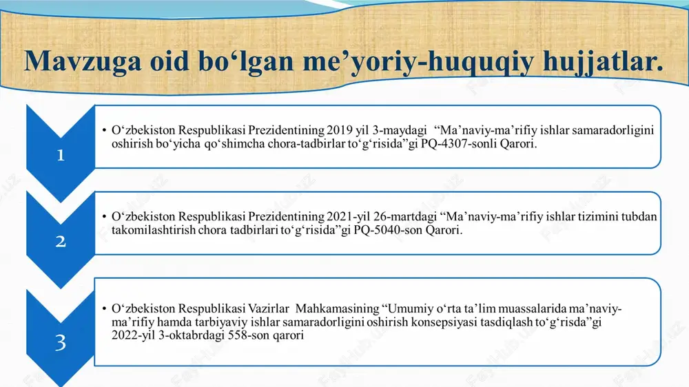 ribasi yoshlar bilan olib boriladigan ijtimoiy-pedagogik ishlarning ustuvor yo‘nalishlari muqobil o‘quv va intizomiy dasturlar, shaxsni hurmat qilish va har tomonlama rivojlantirish tamoyillariga asoslangan profilaktik dasturlarni amalga oshiradi. kanada tajribasi ma’naviy ta’limni yanada jozibador qilish uchun faoliyati davomida interfaol o‘qitish usullaridan, o‘quvchilarni turli madaniyatlari va dinlarini hurmat qilishlari, ularning shaxsiy rivojlanish va fuqarolik ongiga hissa qo‘shadigan qadriyatlarni singdirish, yoshiga mos ma’naviy tarbiya darslarini amalga oshiradi. finlandya tajribasi o‘quvchilarga bevosita yordam ko‘rsatish va ularning ijtimoiy ematsional ehtiyojlarini himoya qilish, hamda o‘quvchilarning ijtimoiy ematsional qobiliyatlari va strategyalarini rivojlantirishga yordam beradigan dasturlarni amalga oshiradi. muammo yuzasidan xorijiy tajribalarni o‘rganilganligi qiyosiy tahlil amalda (o‘zbekistonda) amalda (xorijda) taklif 1 “oila-mahalla-ta’lim muassasasi” hamkorligidagi jamoat kengashi faoliyatini keng targ‘ib etib, o‘quvchilarning ota-onalari hamda huquq-targ‘ibot idoralari bilan hamkorlikni muvofiqlashtirib boradi. finlandyada o‘qituvchilar bolalarga bor mehrini beradi, “sevimlilar”ga ajratishmaydi. “yaxshi” va “yomon” o‘quvchilarni bir-biriga taqqoslanmaydi, o‘quvchilarga ota-onalarining ish joyiga doir savollar berish taqiqlangan. maktabda ota-onalarning farzandlari bilan birgalikda ma’naviyat soatlari …