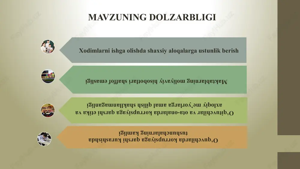 k etadilar. ta’lim muassasalarida o’qituvchi va o’quvchilarning huquqiy ongi va madaniyatini oshirish kerak. huquqiy savodxonlik mavzusida o’quv seminarlari tashkil etish zarur 3 umumta’lim maktablarida korrupsiyaga qarshi anonim shikoyat qilish imkoniyatlari mavjud emas avstraliyada o‘quvchilar, ota-onalar va xodimlar korrupsiyani aniqlash yoki uning oldini olish uchun anonim ravishda shikoyat qilishlari mumkin bo‘lgan tizimlar mavjud. umumta’lim maktablarida ota-onalar va o‘quvchilar uchun anonim so‘rovnoma olish uchun imkoniyatlar yaratish kerak 9 mavzuni qiyosiy tahlil etilganligi 9 10 xulosa ko‘rib chiqilganidek, korrupsiya muammosi barcha davlatlar va xatto eng rivojlangan mamlakatlarning ham umumiy muammosi. korrupsiyaning oldini olish kuchli bashqaruv tizimi, jamoatchilik ishtiroki va shaffoflikni ta’minlash talab etiladi. maktablarda korrupsiyani oldini olish nafaqat ta’lim tizimini yaxshilaydi , balki jamiyatda adolat, ishonch va axloqiy tamoyillarni mustahkamlaydi. 10 11 taklif: 01 02 03 04 maktablarda dars taqsimotida korrupsayiv holatlarnu oldini olish uchun xar bir metodbirlashma rahbarlarini ro’ini oshirish bilan darslarni shaffof va adolatli taqsimlash. maktabda oy yoki chorak davomida moliyaviy …