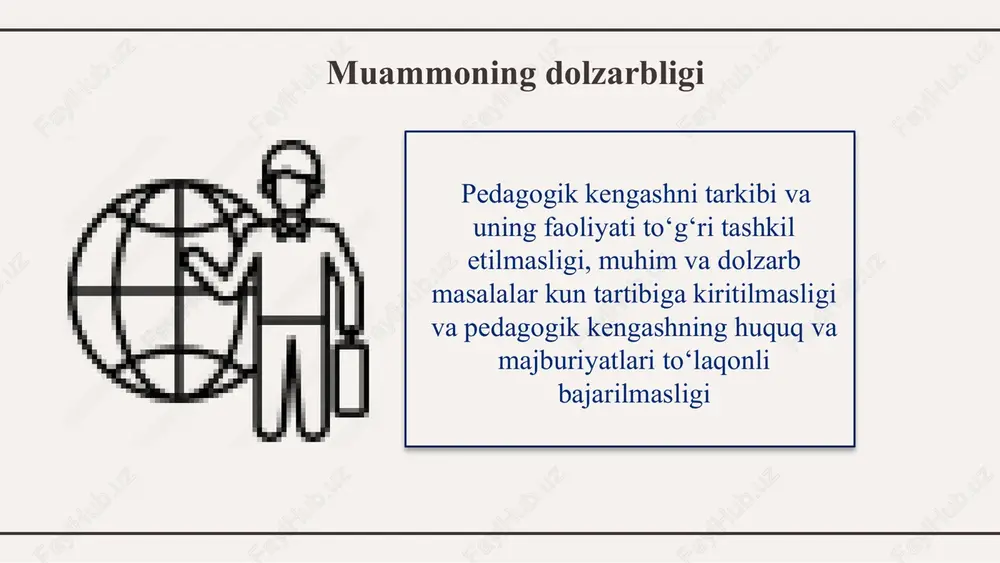 qayd etish daftari doimiy, tayyorlangan tahliliy materiallar va hujjatlar esa uch yil mobaynida saqlanadi hamda tegishli arxivga topshiriladi. pedagogik kengash hujjatlari umumiy oʻrta ta’lim muassasasining pedagogik kengashi toʻgʻrisidagi nizom pedagogik kengashning tasdiqlangan ish rejasi pedagogik kengash yigʻilishi bayonnomalarini qayd etish daftari pedagogik kengash yigʻilishi bayonnomalari va tahliliy materillar qiyosiy tahlil: t/r amaldagi holat (o‘zbekistonda) amaldagi holat (xorijda) taklif 1 o‘quvchilar bilim va malakalarini oshirish, o‘qituvchilarning tajribalari o‘quvchilar uchun mustaqil fikrlash, muhokama qilish va amaliy ko‘nikmalar o‘rganishda muhim ahamiyatga ega bo‘ladi. finlandiyada o‘qituvchilar individual va jamoaviy o‘quv usullari mavjud bo‘lgan masofaviy ta’lim shakllariga integratsiya qilish bilan o‘zlarini rivojlantirishga harakat qilmoqdalar . o‘zbekistonda masofaviy ta‘lim tizimini rivojlantirish, o‘quvchilarda bilim va ko‘nikmalarni yuqori darajada shakllantirish, kreativ fikrlash hamda nazariy bilimlarni kundalik faoliyatda qo‘llash amaliyotini keng yoyish. 2 ta’limda boshqaruv tizimida sertifikatlash, o‘qituvchilarning toifasi, xorijiy sertifikatlari uchun ustamalar belgilash hamda yangi ishga qabul qilingan o‘qituvchilarni kasbiy sertifikatlash tizimi yo‘lga qo‘yilmoqda. singapurda ota-onalar bilan faol …
