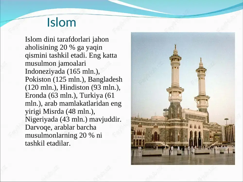 odning 632-yili vafot etdilar. madinadagi masjidlariga dafn qilindilar. muhammad ibn abdulloh otasi – abdulloh. onasi – omina. bobosi – abdulmutallib amakisi – abu tolib ayoli –xadija binti xuvaylid o`gillari: qosim abdulloh ibrohim. qizlari: fotima zaynab ruqiya ummi gulsum islom dini 610 yil din payg`ambari muhammad ibn abdullohga vahiy tusha boshlashi bilan paydo bo`la boshladi. birinchi tushgan sura alaq surasining dastlabki oyatlari bo`ldi. bu din arablari yakka iloh allohga sig`inishga da`vat qila boshladi. aholining quyi tabaqa vakillar orasida keng yoyila boshladi. sekin asta boy arab zodogonlari ham dinni qabul qila boshladi. dastlabki islomni qabul qilganlar qatoriga xadija, ali, abu bakr kabilar sanab o`tiladi. keynchalik usmon, umar kabi boobro` zodagonlar ham dinni qabul qila boshladi. islom islom dini tarafdorlari jahon aholisining 20 % ga yaqin qismini tashkil etadi. eng katta musulmon jamoalari indoneziyada (165 mln.), pokiston (125 mln.), bangladesh (120 mln.), hindiston (93 mln.), eronda (63 mln.), turkiya (61 mln.), arab mamlakatlaridan …