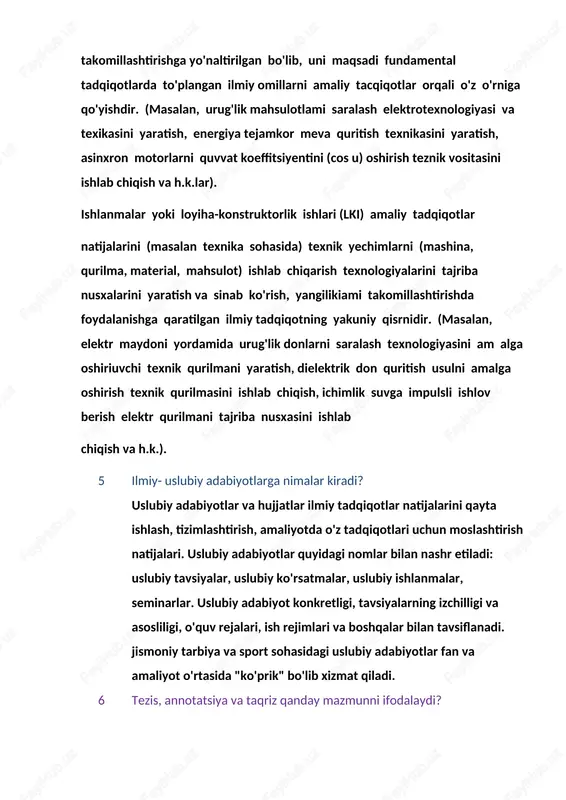 k qurilmasini ishlab chiqish, ichimlik suvga impulsli ishlov berish elektr qurilmani tajriba nusxasini ishlab chiqish va h.k.). 5 ilmiy- uslubiy adabiyotlarga nimalar kiradi? uslubiy adabiyotlar va hujjatlar ilmiy tadqiqotlar natijalarini qayta ishlash, tizimlashtirish, amaliyotda o'z tadqiqotlari uchun moslashtirish natijalari. uslubiy adabiyotlar quyidagi nomlar bilan nashr etiladi: uslubiy tavsiyalar, uslubiy ko'rsatmalar, uslubiy ishlanmalar, seminarlar. uslubiy adabiyot konkretligi, tavsiyalarning izchilligi va asosliligi, o'quv rejalari, ish rejimlari va boshqalar bilan tavsiflanadi. jismoniy tarbiya va sport sohasidagi uslubiy adabiyotlar fan va amaliyot o'rtasida "ko'prik" bo'lib xizmat qiladi. 6 tezis, annotatsiya va taqriz qanday mazmunni ifodalaydi? tezis (yun. thesis — qoida, isbot) — i) keng maʼnoda — baxeda yoki biror nazariyani bayon qilishda aytilgan har qanday fikr; tor maʼnoda — asosiy fikr, prinsip; 2) mantiqda isbot kilishni talab etuvchi fikr, mulohaza. annotatsiya (lot. annotatio – qayd) – qisqacha ta’rif. kitob, maqola, qo‘lyozma mundarijasini, g‘oyaviy-siyosiy yo‘nalishini va boshqa jihatlarini ochib beradi. a.ni, mas, kitobning o‘zida, bi-bliografik …