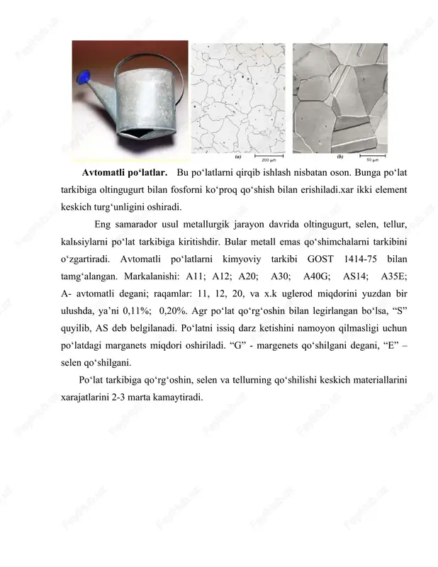 arshilik etarli bo‘lishi lozim. asbobni formasini ushlab turish uchun material mustaxkam va qovushqoq bo‘lishi kerak. issiqqa bardoshligi – xarorat ta’sirida o‘zini mexanik xossalarini saqlashi bu mexnat unumini ko‘rsatgichi. uglerodli asbobsozlik po‘latlari keskich materiallari orasida eng arzonidir. bo‘lar asosan kam ma’suliyatli keskichlarni va shtamplarni yasashda ishlatiladi. uglerodli po‘latlar (gost 1414-75) ikki xil ko‘rinishda chiqariladi: a)sifatli(u7,u8,u9.....u13). b)yuqori sifatli ( u7a, u8a, u9a... u13a). markalanishdagi u xarfi uglerodli po‘lat degani. raqamlar po‘lat tarkibidagi uglerod miqdorini yuzdan bir ulushda bildiradi. u7a da uglerod miqdori s=0,7%, u12a da s=1,2%; “a” xarfi po‘latni yuqori sifatliligini bildiradi: ya’ni undagi zararli chiqindilar, ayniqsa, fosfor va oltingugurt miqdori 0,025% dan oshmagan deyilgani. uglerodli po‘latlarni toblanishlik chuqurligi (qalinligi) past bo‘lgani uchun mayda asboblar uchun ishlatiladi. ko‘ndalang kesim 25 mm.dan ortganda po‘lat o‘zagi toblanmay qoladi; ustki yuza qattiq. (metchiklar, razvyortkalar, egovlar yasaladi). u7, u8, u9 po‘latlari to‘la toblanadi, bo‘shatiladi (275-300°s da). shunda qattiqlik nrc=48-51 olinadi-trostit struktali. evtektoiddan keyingi po‘latlar u10, u11, …