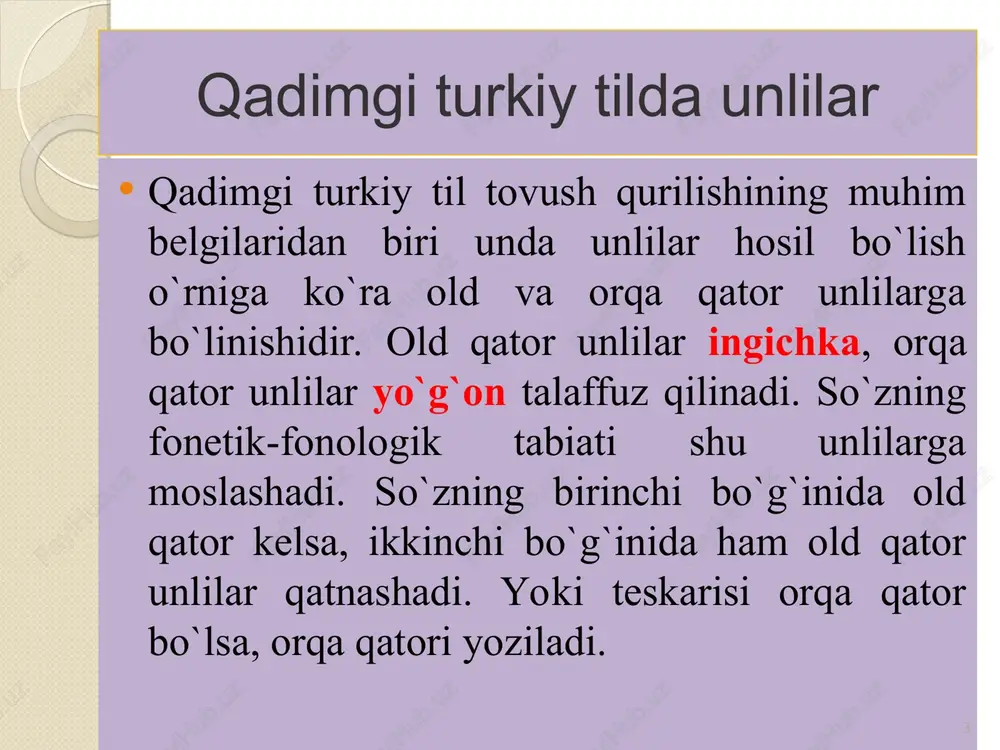 ay moslashuvi agglyutinatsiya bilaan chambarchas bog’liq. asosan, turkiy tillarga xos hodisa. bugungi kunda o’zbek tilining qipchoq, o’g’uz va shimoliy o’zbek shevalarida bugungacha saqlanib qolgan. lab uyg’unligi so’zlarning dastlabki ikki bo’g’inida kuzatiladi. 3-4-bo’g’inlarda siyrak uchraydi. masalan, suyunchi- süyünči, ko’rindi-kѳründi, bo’libdi- boluptu, ko’ribdi- kѳrüptü (namangan). * * singarmonizm hodisasining yo’qolishiga asosiy sabablar *