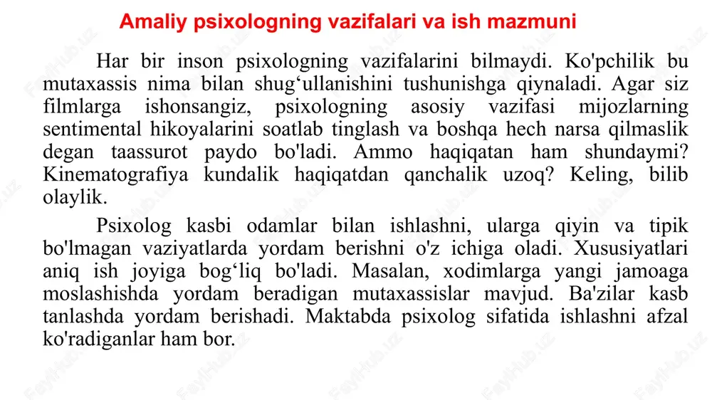 maliy psixologiyaning psixoprofilaktika, psixologik tashviqot, psixologik korreksiya, psixologik maslahat kabi sohalar bilan o‘zaro munosabatda hisoblanadi. psixodiagnostik tekshiruv va tadqiqotlar vazifalaridagi tafovutlar. shaxs xulq-atvori va kognitiv rivojlanishidagi turli xil buzilishlar va rivojlanishdan orqada qolishni tuzatish ishlari bilan shug‘ullanuvchi amaliy psixologiya sohalaridan biri hisoblanadi. psixologik korreksiya psixoprofilaktika psixologik tashviqot insonning shaxsi va psixik rivojlanishidagi turli xil og‘ishlami oldini olish bilan shug‘ullanuvchi amaliy psixologiya yo‘nalishlaridan biridir. kehg ommaga psixologik bilimlami yoyish va targ‘ib qilish bilan bog‘iiq bo‘lgan amaliy psixologiya sohasi. psixologik korreksiya shaxs xulq-atvori va kognitiv rivojlanishidagi turli xil buzilishlar va rivojlanishdan orqada qolishni tuzatish ishlari bilan shug‘ullanuvchi amaliy psixologiya sohalaridan biri hisoblanadi. psixodiagnostik tekshiruv va tadqiqotlar vazifalaridagi tafovutlar. amaliy psixologiyaning yuqorida qayd etib o‘tilgan barcha sohalarida psixodiagnostika asosiy sanaladi, chunki psixologik tekshiruv o‘tkazmay psixoprofilaktika, psixokorreksiya, psixologik maslahat ishlarini olib borish mumkin emas. ushbu yo‘nalishlar bo‘yicha muayyan ishlarni amalga oshirish uchun psixodiagnostika yordamida qo‘lga kiritilgan ma’lumotlarga tayaniladi. amaliy faoliyat turlaridan biri sifatida psixodiagnostika …