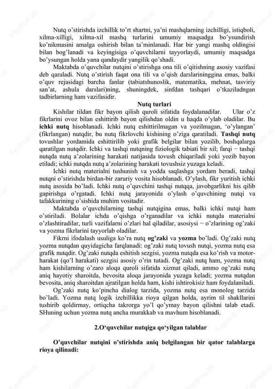 siyatlarini, uning og’zaki-so’zlashuv nutqidan farqini bilib oladi. 3. o’quvchilar nutq madaniyatini takomillashtirish. til jamiyatdagi eng muhim aloqa vositasidir. tilning mana shu ijtimoiy ahamiyatidan kelib chiqib, maktabda o’quvchilarning nutq madaniyatiga alohida e’tibor beriladi. bu vazifalarni bajarish uchun o’qituvchi o’quvchilar bilan rejali ish olib borishi lozim. buning uchun esa o’quvchilar nutqini o’stirish ustida ishlash tushunchasiga nimalar kirishini bilib olish muhimdir. nutq o’stirishda uch yo’nalish aniq ajratiladi: 1) so’z ustida ishlash; 2) so’z birikmasi va gap ustida ishlash; 3) bog’lanishli nutq ustida ishlash. so’z, so’z birikmasi va gap ustida ishlash uchun lingvistik baza bo’lib leksikologiya (frazeologiya va stilistika bilan birgalikda), morfologiya, sintaksis xizmat qiladi; bog’lanishli nutq esa mantiqqa, adabiyotshunoslik va murakkab sintaktik butunlik lingvistikasiga asoslanadi. ko’rsatilgan uch yo’nalish parallel olib boriladi: lug’at ishi gap uchun material beradi; so’z, so’z birikmasi va gap ustida ishlash bog’lanishli nutqqa tayyorlaydi. o’z navbatida, bog’lanishli hikoya va insho lug’atni boyitish vositasi bo’lib xizmat qiladi. o’quvchilar nutqini o’stirish o’z …