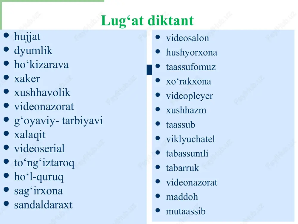 "f"ga aylanishi mumkin. qiyos qiling: faqat ("f"- lab-tish), nufuz("f" – lab-lab), aft ("f"- lab-tish)- ufq ("f"- lab-lab), saf ("f" –lab-tish) - tuf ("f"- lab-lab) kabi. 3. dissimilyatsiya – lot. dissimilatio so‘zidan kelib chiqqan bo‘lib, “o‘xshamaslik” ma’nosini beradi so‘z tarkibidagi bir xil (yoki o‘xshash) tovushlardan birining boshqa tovushga o‘tishi: birorta>bironta (ror>ron), kissa-kista (ss>st) kabi. dissimilyatsiya hodisasi yo‘nalishiga qarab ikki xil bo`ladi: a) progressiv dissimilyatsiya: keyingi tovush o‘zgaradi: zarur>zaril kabi; b) regressiv dissimilyatsiya. oldingi tovush o‘zgaradi: maqtanmoq>maxtanmoq kabi. tovushning o‘zgarish darajasiga ko‘ra dissimilyatsiya yana ikki turga bo`linadi: a) to‘liq dissimilyatsiya: ikkita bir xil tovushdan biri noo‘xshash tovushga aylanadi: kissa>kista (ss>st) kabi; b) to‘liqsiz dissimilyatsiya (qisman dissimilyatsiya). tovushning artikulyatsion xususiyatlaridan ayrimlarigina o‘zgaradi. masalan, uchta>ushta (ch>sh) kabi: “ch” va “t” undoshlarining ikkalasi ham portlovchi, ammo “t” ning ta’sirida “ch” sirg‘aluvchi “sh” ga o‘tgan. tovushlar o‘rtasidagi masofaga nisbatan ham dissimilyatsiya ikki xil bo‘ladi: a) kontakt dissimilyatsiya: yonma-yon turgan tovushlardan biri o‘zgaradi: kissa>kista kabi; b) distant …