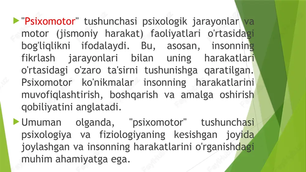 on bo’lish asosi sifatida. xarakat psixomotorikaning asosiy ko‘rsatkichlaridan biri bo‘lib, insonning psixik jarayonlari va motor faoliyatlari o‘rtasidagi murakkab munosabatni ifodalaydi. bu jarayonlarda bir qator muhim jihatlar o‘rganiladi: 1. xarakat va psixomotor ko‘nikmalar psixomotor ko‘nikmalar: bu insonning harakatlari va psixik jarayonlari o‘rtasidagi o‘zaro bog‘liqlikni anglatadi. harakatlar psixologik tayyorgarlik, motivatsiya va qiziqishlar bilan bog‘liq bo‘ladi. koordinatsiya va aniqlik: xarakatlar aniq va muvofiq bo‘lishi uchun koordinatsiya, balans va reaktsiya vaqtini talab qiladi. 2. xarakatlarning turlari oddiy harakatlar: oddiy psixomotor ko‘nikmalarni, masalan, yurish yoki ushlash kabi harakatlarni o‘z ichiga oladi. murakkab harakatlar: sport yoki san'atda talab qilinadigan murakkab harakatlar, masalan, raqs, sport o‘yinlari va boshqalar. 3. psixik jarayonlar va xarakat fikrlash: harakatlar ko‘pincha fikrlash jarayonlariga bog‘liq. odamning maqsadlari, rejalari va motivatsiyasi uning harakatlarini shakllantiradi. his-tuyg‘ular: harakatlar ko‘pincha his-tuyg‘ular va psixologik holat bilan bog‘liq bo‘lib, bu holatlar harakatlarning sifatiga ta'sir ko‘rsatishi mumkin. 4. xarakatning ta'siri rivojlanish: xarakatlar psixomotor ko‘nikmalarni rivojlantirishga yordam beradi. bolalar, o‘smirlar va …