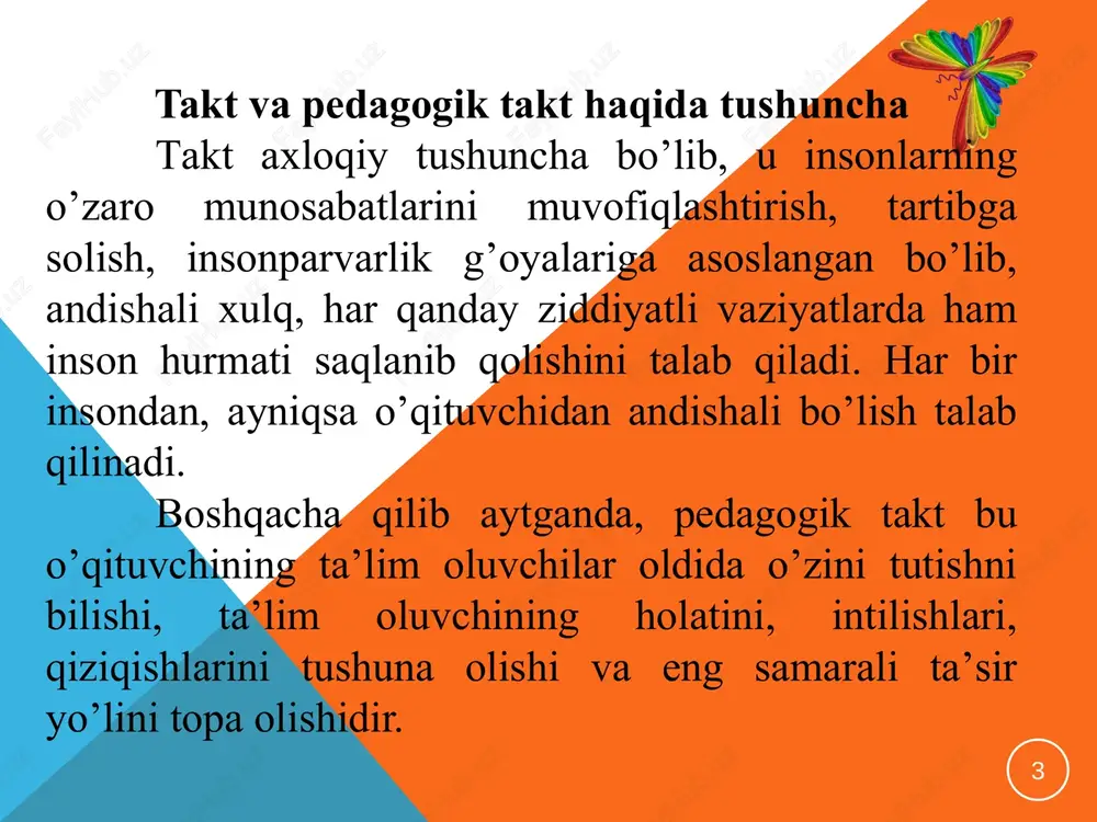mujassamlashgan shaxsiy insoniy hislatlarining yig‘indisidir. pedagogik nazokat – 11 o‘qituvchi deyarli har kuni o‘quvchilar bilan uchrashadi, savol-javob qiladi, ularning yaxshi xulq va ezgu ishlarini ma’qullaydi, bilimlarini baholaydi, nojo‘ya hatti-harakatlari uchun tanbeh berib, lozim bo‘lganda tarbiyaviy metodlarni qo‘llaydi. pedagogik nazokat doimiy izlanishni, ijodkorlikni talab qiladi. doimiy ijodiy izlanishda bo‘lgan o‘qituvchi tadqiqotchilik ko‘nikma va malakalariga ega bo‘ladi, ilm-fan muammolari, tarbiya etikasi va psixologiyasi yuzasidan erkin fikr yurita oladi. 12 o‘quvchilar bilan munosabatlarda pedagogik nazokatni qo‘llash natijasida: o‘qituvchi o‘quvchilarning xarakterini, ichki dunyosini yaxshi bilib oladi, o‘quvchilar bilan munosabatda do‘stona muloqot qilish imkoniyatlari paydo bo‘ladi; o‘qituvchi o‘quvchilar bilan chin ko‘ngildan bir-biriga yaqin bo‘ladi, ba’zan eshitmasligi kerak bo‘lgan o‘quvchilarning o‘zaro sirli gaplarini eshitmasdan o‘tib ketishi mumkin, negaki o‘zgalar gapini tinglash odobsizlik o‘qituvchi ba’zan o‘quvchilar jamoasining kundalik ishlariga aralashmasligi, jamoada ro‘y beradigan ba’zi ko‘ngilsiz hodisalarni ijobiy hal etishni jamoa faollari zimmasiga havola etishi mumkin. 13 o‘qituvchining pedagogik nazokati mohiyati 5. pedagogik nazokatning mohiyati va xususiyatlari avvalo …