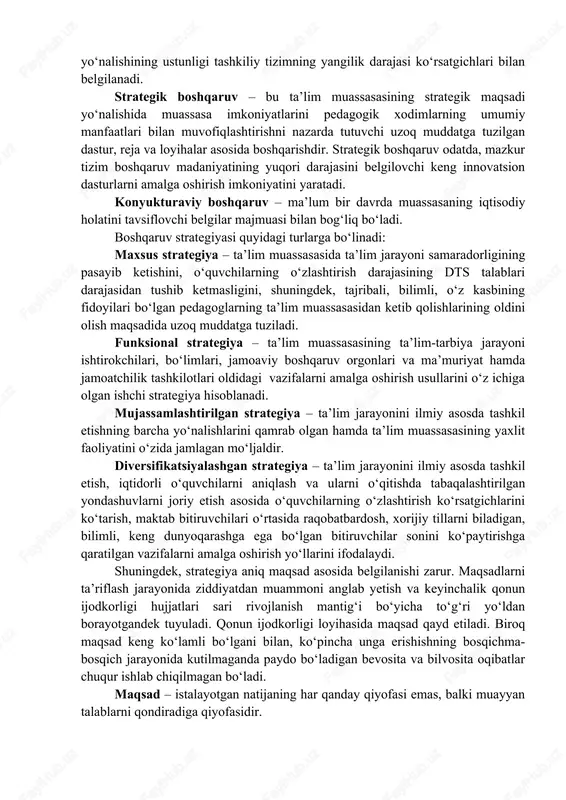 ri, bo‘limlari, jamoaviy boshqaruv orgonlari va ma’muriyat hamda jamoatchilik tashkilotlari oldidagi vazifalarni amalga oshirish usullarini o‘z ichiga olgan ishchi strategiya hisoblanadi. mujassamlashtirilgan strategiya – ta’lim jarayonini ilmiy asosda tashkil etishning barcha yo‘nalishlarini qamrab olgan hamda ta’lim muassasasining yaxlit faoliyatini o‘zida jamlagan mo‘ljaldir. diversifikatsiyalashgan strategiya – ta’lim jarayonini ilmiy asosda tashkil etish, iqtidorli o‘quvchilarni aniqlash va ularni o‘qitishda tabaqalashtirilgan yondashuvlarni joriy etish asosida o‘quvchilarning o‘zlashtirish ko‘rsatgichlarini ko‘tarish, maktab bitiruvchilari o‘rtasida raqobatbardosh, xorijiy tillarni biladigan, bilimli, keng dunyoqarashga ega bo‘lgan bitiruvchilar sonini ko‘paytirishga qaratilgan vazifalarni amalga oshirish yo‘llarini ifodalaydi. shuningdek, strategiya aniq maqsad asosida belgilanishi zarur. maqsadlarni ta’riflash jarayonida ziddiyatdan muammoni anglab yetish va keyinchalik qonun ijodkorligi hujjatlari sari rivojlanish mantig‘i bo‘yicha to‘g‘ri yo‘ldan borayotgandek tuyuladi. qonun ijodkorligi loyihasida maqsad qayd etiladi. biroq maqsad keng ko‘lamli bo‘lgani bilan, ko‘pincha unga erishishning bosqichma-bosqich jarayonida kutilmaganda paydo bo‘ladigan bevosita va bilvosita oqibatlar chuqur ishlab chiqilmagan bo‘ladi. maqsad – istalayotgan natijaning har qanday qiyofasi emas, …