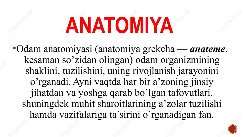 1519), 30 tadan ortiq murdani kesib o'rgandi va a'zolar rasmini chizdi. u dunyoda birinchi bo'lib muskullarni ishlash dinamikasini o'rgandi. shu bilan u plastik anatomiyaga asos soldi. andrey vezaliy (1514—1564), anatomiya jadvallari va odam tanasining tuzilishi to'g'risida kitoblar yozgan olim. uilyam garvey (1578—1657), “hayvonlarda yurak va qon harakati to'g'risida anatomik tekshirishlar” degan asarida birinchi bo'lib katta va kichik qon aylanish doiralarini borligini topgan. malpigi (1628—1694), 1661yilda mikroskop yordamida qon tomir kapillyarlarni kashf etdi kafedra tarixi n.i.pirogov (1810-1881) — rus harbiy-dala xirurgiyasining asoschisi va topograf anatomidir. u odam organizmidagi a’zolarning topografiyasini muzlatib, qatma–qat qilib kesib o’rgangan va juda ko’p preparatlar tayyorlab, «topografik anatomiya» atlasini (1859) tuzgan. v.m. bexterov (1857-1927) — nevropatolog, psixiator va taniqli anatom. u bosh miyaning po’stloq qismida joylashgan bir qancha analizator (markaz) larni va ulaming o’tkazuvchi yo’llarini o’rganib, talaygina ilmiy asarlar yozadi. i.p. pavlov (1849-1936) — ulug’ rus fiziologi. shuningdek u odam markaziy nerv sitemasi fiziologiyasini o’rganishga salmoqli hissa …