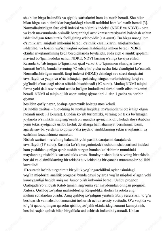 an ekinlarning ekishdan oldin yerning tahlini olib so`ngra ekin ekishimiz lozim. ushbu monitoring nafaqat yerning kasallanganlik darajasini balki uning namligi, kerakli o`g`itlarni yetmishmasligini shu bilan birga balandlik va qiyalik xaritalarini ham ko`rsatib beradi. shu bilan bilan birga esa o`simliklar barglaridagi xlorafil tarkibini ham ko`rsatib beradi [3]. normallashtirilgan farq qizil indeksi va o’simlik indeksi (ndre va ndvi) - o'rta va kech mavsumlarda o'simlik barglaridagi azot kontsentratsiyasini baholash uchun ishlatiladigan fotosintetik faolligining o'lchovidir (1a-surat). bu bizga nosog’lom o'simliklarni aniqlash imkonini beradi, o'simlik kasalliklarini aniqlashuchun ishlatiladi va hosilni yig'ish vaqtini optimallashtirishga imkon beradi. ndre ekinlar rivojlanishining kech bosqichlarida foydalidir. juda zich o`simlik qoplami mavjud bo’lgan hudular uchun ndre, ndvi larning o’rniga tavsiya etiladi. rasmda ko’rib turgan to`lqinsimon qizil va ko`k to`lqinsimon chiziqlar havo harorati bo`lib, bunda havoning °s selsiy bo`yicha necha foiz ekanligini ko`rsatadi. normallashtirilgan namlik farqi indeksi (ndmi) ekindagi suv stresi darajasini tavsiflaydi va yaqin va o'rta infraqizil spektrdagi singan nurlanishning farqi …