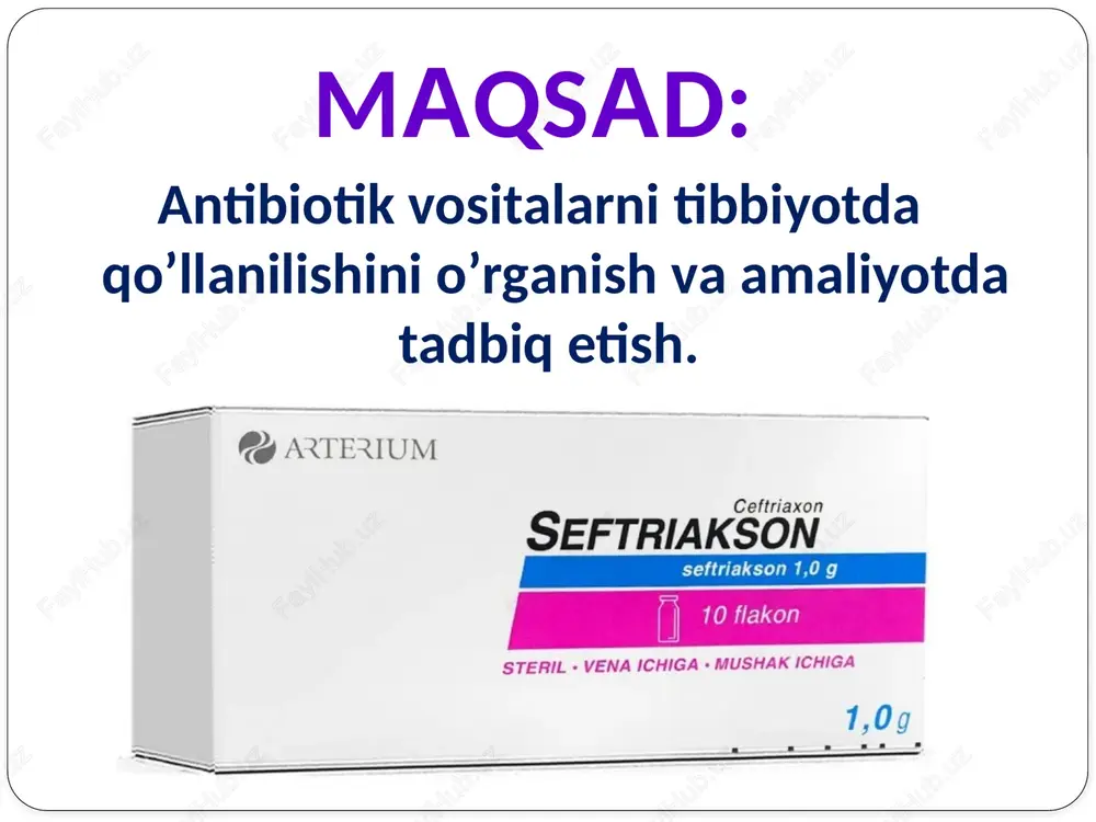 llinlar mikrorganizmlarga qarshi xususiyatlarini yo'qotadilar. shu bilan birga benzilpenitsillinlar tez-tez allergik jarayonlarga sabab bo'lgani, spektr bo'yicha asosan grammusbat mikroorganizmlarga ta’sir ko'rsatishi, kislotalarga chidamsiz bo'lgani uchun yarim sintetik penitsillinlar olinadi. bularga metitsillin, oksatsillin, ampitsillin, amoksitsillin, amoksiklav, karbenitsillinlar kiradi. ampitsillin - mikroorganizmlarga qarshi ta’sir doirasi keng grammusbat hamda grammanfiy mikroorganizmlarga qarshi ta’sir ko'rsatadi. grammanfiy mikroorganizmlardan asosan salmonella, shigella, protey, ichak, frindler, influents tayoqchalarga qarshi ta’sir ko'rsatadi. ampioks - ampitsillin bilan oksatsillin qo'shilgan modda, mikroorganizmlarga qarshi ta’siri ikkalasidan ham kuchliroq. amoksitsillin grammusbat va grammanfiy mikroorganizmlarga qarshi ta’sir ko'rsatadi, kislotalarga chidamli, og'iz orqali yuborilganda qonga yaxshi so'riladi, firma lek tomonidan amoksitsillinni potensirlangan shaklli, klavulan kislota bilan birikmasi amoksiklav antibiotigi tavsiya etilgan. klavulan kislota betta-laktamazalarning ingibitori boiib, amoksitsillinni ushbu fermentlarga nisbatan chidamliligini, mikroorganizmlarga qarshi faolligini oshiradi. sefalosporinlar sefalosporinlar yarim sintetik antibiotiklar, kimyoviy jihatdan penitsillinlarga, ayniqsa, yarim sintetik penitsillinlarga o'xshab ketadi. mikroorganizmlarga qarshi ta’sir mexanizmi ham penitsillinlarga o'xshaydi, sefalosporinlar mikroorganizm hujayralarining qobig'ini hosil bo'lishiga to'sqinlik qiladi, …