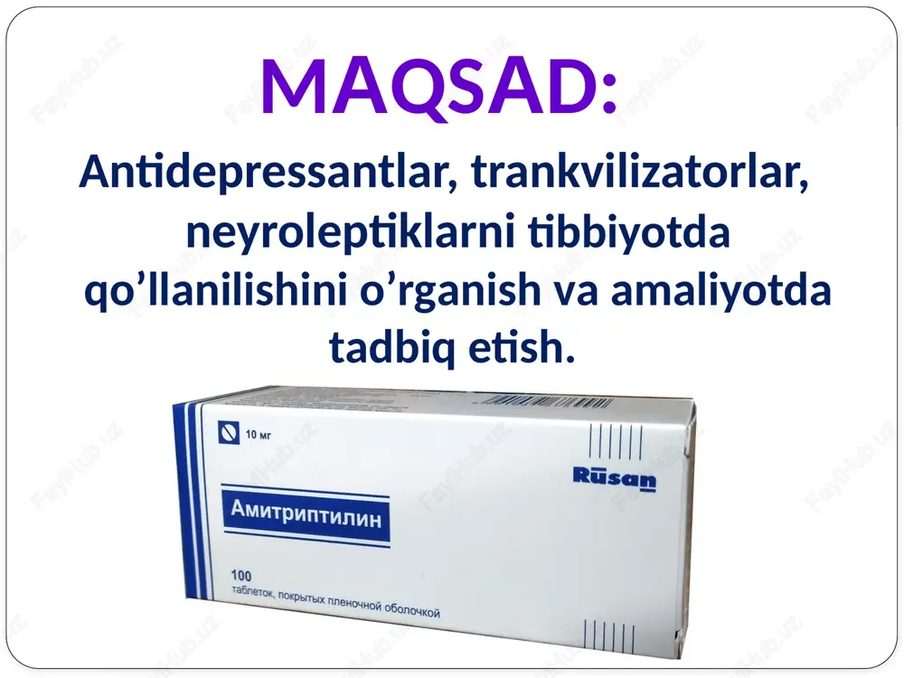 chalanishiga, ularning oksidlanish yo'li bilan dezaminlanishiga to'sqinlik qiladi, miya to‘qimalarida mediatorlarning hajmi oshib boradi, depressiya holatini yo'qotadi. ba’zi tajribalarga ko'ra, bu moddalar gammaaminomoy kislotaning almashinuviga ta’sir ko'rsatishi mumkin. moddalarning depressiyaga qarshi ta’siri 7-14 kun ichida boshlanadi. shu bilan birga bu moddalar ruhiyatni qo‘zg‘atadi, eyforiya, uyqusizlikni keltirib chiqaradi. mao ingibitorlari bilvosita ta’sir etuvchi adrenomimetiklar (fenamin, efedrin, tiraminning qon bosimini ko'taruvchi ta’sirini oshiradi, chunki mao fermenti faolligining ingibitsiyasi tufayli to‘plangan noradrenalin ko‘p miqdorda qonga ajraladi, gipertonik kriz ro‘y berishi mumkin. mao ingibitorlarining jigar kasalliklarida, miyada qon aylanishi buzilganida, ruhiy qo'zg'alish oshib borganda qo'llash man etiladi. nialamid pediatriyada juda kam qo'llaniladi, umuman hamma antidepressantlarni yetti yoshgacha bolalarga hamda homiladorlikda qo'llash man etiladi. yuqorida keltirilgan moddalardan tashqari, hozirgi kunda depressiyani davolash uchun ikkinchi avlod antidepressantlar pirazidol, inkazan qo'llanilmoqda, ular maoning qaytar ingibitorlari hisoblanadi. solvay firmasi chiqaradigan fevorin moddalari ahamiyatga ega. moddalar trisiklik antidepressantlardan farq qiladi, katexolaminlar ta’sirini kuchaytirmaydi, xolinergik, adrenergik, gamk—ergik retseptorlarga ta’sir ko'rsatmaydi, …