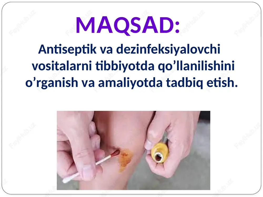 - achchiq tosh og‘izni chayish uchun stomatitlarda qo'llanadi. formaldegid unumlaridan - formalin (formaldegidning 40% li suv eritmasi); geksametilentetramin (urotropin) qo’llanadi. formalin mikroorganizmlarga qarshi kuchli ta’sir etadi, oqsillarni denaturatsiya qilib, mikroorganizmlarni halok qiladi. xirurgik asboblarni dezinfeksiya qilish hamda konservant sifatida qo’llanadi. geksametilentetramin kislotali muhitda parchalanadi, undan formaldegid ajralib, mikroorganizmlarga qarshi ta’sir ko'rsatadi. antiseptik sifatida siydik yo’llari jarohatlanganda ichishga buyuriladi va venaga yuboriladi. detergentlar - kationli sovunlarning antiseptik hamda tozalovchi xususiyatlari bor. bularga serigel, rokkal moddalari kiradi, moddalar ikki muhit orasida (suyuqlik - gaz) kuchli yuza faolikka ega, antiseptik va dezinfeksiyalovchi modda sifatida qo'llanadi. spirtlar. tibbiyotda etil spirt qo'llaniladi, 20-40° li spirtning ta’sirlovchi xususiyati bor, 70-95° li spirt mikroorganizmlarni oqsillarini denaturatsiya qilib, ularni halok qiladi. qo'llarga, jarrohlik maydoniga ishlov berish uchun antiseptik sifatida 70° li spirt qo’llanadi, bundan yuqori darajali spirt teri oqsillarini denaturatsiya qiladi, spirt chuqurroq o'tolmay, u yerdagi mikroorganizmlarga qarshi ta’sir ko'rsata olmaydi, 95° li spirt dezinfeksiyalovchi modda sifatida xirurgik …