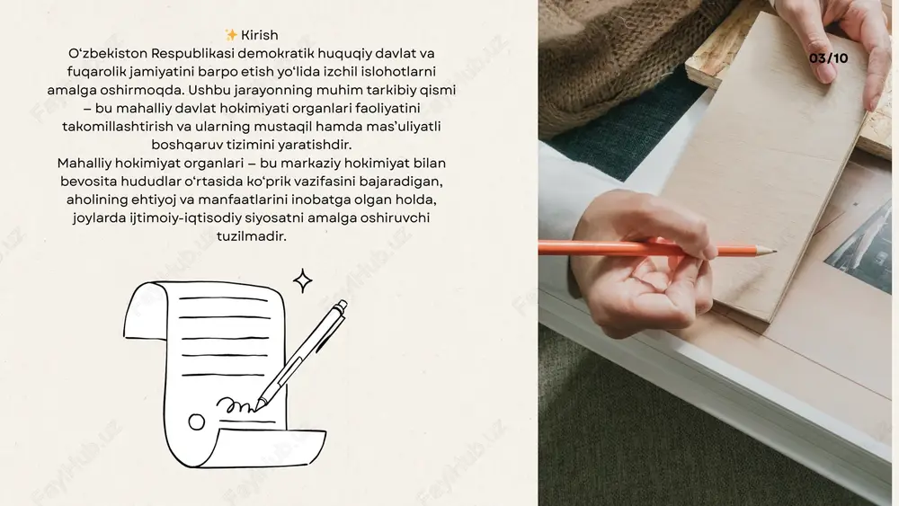 li kengash yoki yuqori organ qarori bilan lavozimidan ozod etilishi mumkin. 🏛 2. mahalliy kengashlar (xalq deputatlari kengashlari)ning roli va vazifalari mahalliy kengashlar — bu fuqarolar vakillik organi bo‘lib, viloyat, tuman va shahar miqyosida hokimiyatning demokratik negizini tashkil etadi. 📌 kengashlarning o‘rni: fuqarolar tomonidan saylangan deputatlardan iborat bo‘ladi; mahalliy boshqaruvda vakillik hokimiyati sifatida qarorlar qabul qiladi; hokim faoliyatini muhokama qiladi va nazorat qiladi. ⚖️ asosiy vazifalari: mahalliy ijtimoiy-iqtisodiy rivojlanish dasturlarini tasdiqlash; hududiy byudjetni ko‘rib chiqish va tasdiqlash; hokimning hisobotini tinglash va unga baho berish; aholi manfaatlarini himoya qilish bo‘yicha qarorlar qabul qilish; mahalliy muammolarni hal qilishda jamoatchilik fikrini inobatga olish. 07/10 💼 1. iqtisodiy va ijtimoiy sohalarni boshqarish vakolatlari mahalliy davlat hokimiyati organlari o‘z hududida iqtisodiy va ijtimoiy sohalarning barqaror rivojlanishini ta’minlashga mas’uldir. ular markaziy siyosatni joylarda amalga oshiradi va hududning o‘ziga xos xususiyatlarini hisobga olgan holda qarorlar qabul qiladi. 📌 asosiy vakolatlari: hududiy iqtisodiy dasturlarni ishlab chiqish va amalga …
