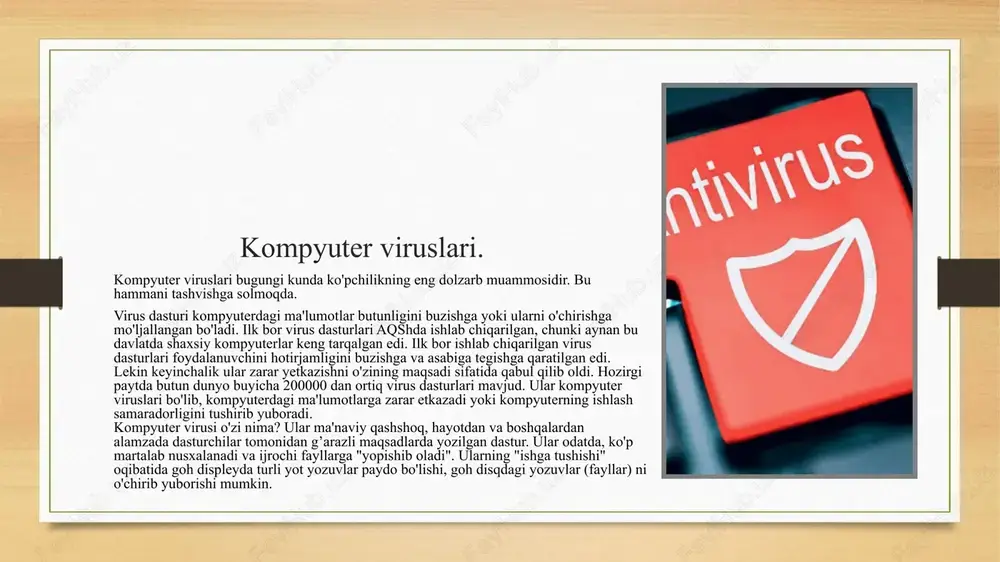rasi (virusga taalluqli baytlar ketma-ketligi) bo'yicha tezkor xotira va fayllarni ko'rish natijasida ma'lum viruslarni topadi va xabar beradi. yangi viruslarni aniqlab olmasligi detektorlarning kamchiligi hisoblanadi. faglar — yoki doktorlar, detektorlarga xos bo'lgan ishni bajargan holda zararlangan fayldan viruslarni chiqarib tashlaydi va faylni oldingi holatiga qaytaradi(kaspersky antivirus, norton antivirus, doctor web, panda). 2017 yildan beri android uchun sifatsiz antiviruslarni izlash bilan shugʻullanib kelgan av-comparatives kompaniyasi keng koʻlamdagi xavfsizlikni oʻrganish natijalarini eʼlon qildi. vaktsinalar — yuqoridagilardan farqli ravishda himoyalanayotgan dasturga o'rnatiladi. natijada dastur zararlangan deb hisoblanib, virus tomonidan o'zgartirilmaydi. faqatgina ma'lum viruslarga nisbatan vaqtincha qilinishi uning kamchiligi hisoblanadi. shu bois ham, ushbu antivirus dasturlari keng tarqalmagan(anti trojan elite, trojan remover, dr.web cureit). privivka — fayllarda huddi virus zararlagandek iz qoldiradi. buning natijasida viruslar «privivka qilingan» faylga yopishmaydi. viruslar zararlagan fayllarga metka qo'yadi va keyingi safar bu faylni zararlamaydi, privivka antiviruslari esa oldindan zararlangan degan metka qo'yib qo'yadi va shu orqali faylni zararlashdan …