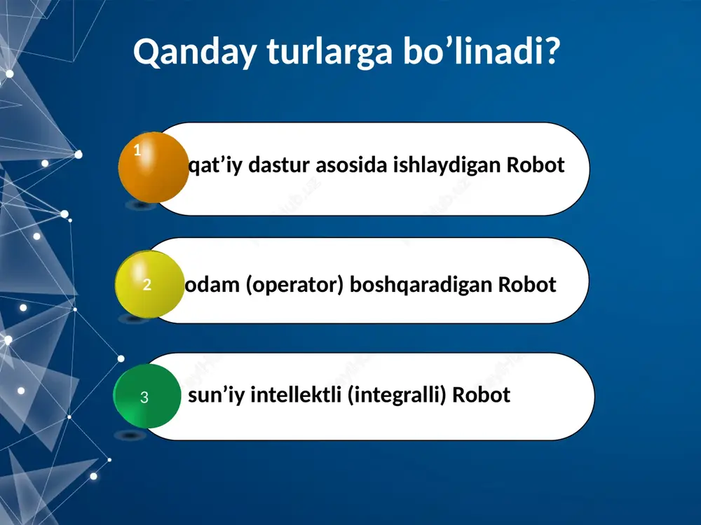 vjud bo'lib bularga: arduino uno, arduino nano, arduino mega, mega 2560, arduino leonardo va boshqa turlarini misol keltirishimiz mumkin. arduinoni o'rganishni boshlovchilar asosan arduinoning uno yoki nano turidan foydalanishni boshlashadi. arduino robototexnika va elektronikiga qiziquvchi va izlanuvchi yoshlarga juda foydali, chunki bu qurilma orqali kichik va katta bo'lgan dastur, algoritmlar yaratgan holda xar hil qurilmalar, robotlar va boshqa qiziq amaliyotlarni bajarsa bo'ladi. bir so'z bilan aytganda arduino dasturiy va texnik qismlarni birlashtirib beruvchi qurilmadir. arduino 2003 yili italiyalik olimlar massimo banzi, devid mellis va devid kvartiller tomonidan kash qilingan. 5 1-power arduino unoga quvvat usb portini kompyuterga ulash imkonini beradi. undan foydalanib yozilgan dastur arduino unoga ko’chirib yoziladi. 2-usbni kompyuterga simsiz ulash uchun maxsus batareya. 3-gnd (ground-zamin) manfiy qutb hisoblanadi. 4-5 v li quvvatni ta’minlovchi pin. 5-3,3 v li quvvatni ta’minlovchi pin. 6- qurilmadan analog signal qabul qiluvchi (a0,…a5) analog pinlar. 7 va 8-raqamli signal qabul qiluvchi digital pinlar. 9-qo’shimcha …