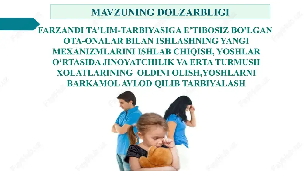 ola shunchaki keyingi sinfga o‘tmaydi. finlyandiyada bir sinfda ikkinchi yilga qolish uyat hisoblanmaydi. xitoy tarbiyasi mutlaqo noodatiy usuldir. xitoyda ota-onalar oilaning daromadidan qat'i nazar, bolaga maksimal darajada sarmoya kiritishga harakat qilishadi. buning sababi - shiddatli raqobatdir. -bolaning yoshidan qat'iy nazar, uning kuni soat bo‘yicha rejalashtirilgan. sinflar, qo‘shimcha mashg‘ulotar, to‘garaklar, ijodiy studiyalar va boshqalar. xitoylik bolalarning uxlash va ovqatlanishni hisobga olmaganda bo‘sh vaqti yo‘q. qiyosiy tahlil t/r amaldagi holat (o‘zbekistonda) amaldagi holat (xorijiy davlatlarda) taklif 1 aksariyat ota-onalar farzand ta`lim-tarbiyasiga e`tibor bermaydi xitoyda ota-onalar, oilaning daromadidan qat'iy nazar, bolaga maksimal darajada sarmoya kiritishga harakat qilishadi ota-onani farzand ta’lim-tarbiyasiga e’tiborini ko’proq jalb qilishni yo’lga qoyish lozim 2 ota-onalar farzandlarini ta`limga yubormasdan,ta`limdan moddiy manfaatdorlikni ustunligi (pul toppish) xitoy ta`limida o`quvchilar qat`iy kun tartibiga rioya qilishadi,ularning bo`sh vaqti yo`q maktabda tashkilashtirilgan tekin to’garaklar faoliyatini takomillashtirish 3 farzand tarbiyasiga e’tiborsiz ota-onalarning ko`pligi xitoylik ota-onalar farzandlarining ta`lim- tarbiyasini o`zlarining shxsiy manfaatlaridan ustun qo`yadi va bola tarbiyasiga …