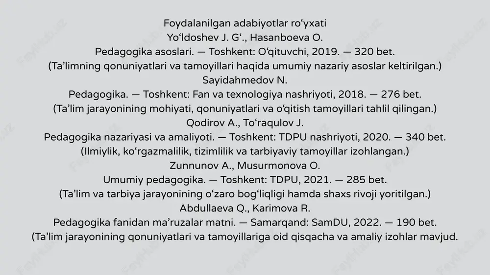 vchilarda axloqiy madaniyat va ijtimoiy mas’uliyatni shakllantirish. 2. vatanparvarlik, insonparvarlik va fuqarolik burchi tuyg‘usini rivojlantirish. 3. mehnatsevarlik, intizomlilik va mas’uliyatlilikni singdirish. 4. o‘quvchilarning mustaqil fikrlash va ijodiy yondashuv qobiliyatlarini rivojlantirish. 5. o‘zini o‘zi tarbiyalash ko‘nikmalarini shakllantirish. 6. shaxsni ma’naviy-axloqiy barkamollikka yo‘naltirish. tarbiya jarayonida shaxsning ob’ekt sifatidagi roli: 1. shaxs tarbiyachining maqsadli pedagogik ta’siri ostida o‘z xatti- harakatini o‘zgartiradi. 2. tarbiyachi tomonidan belgilangan qadriyatlar, me’yorlar va xulq qoidalarini o‘zlashtiradi. 3. shaxs o‘zining dastlabki fazilatlarini atrof-muhit ta’sirida rivojlantiradi. 4. u o‘qituvchi, ota-ona, jamoa va ijtimoiy muhitning faol ta’siri natijasida shakllanadi. tarbiya jarayonida shaxsning ob’ekt sifatidagi roli: 1. shaxs tarbiyachining maqsadli pedagogik ta’siri ostida o‘z xatti-harakatini o‘zgartiradi. 2. tarbiyachi tomonidan belgilangan qadriyatlar, me’yorlar va xulq qoidalarini o‘zlashtiradi. 3. shaxs o‘zining dastlabki fazilatlarini atrof- muhit ta’sirida rivojlantiradi. 4. u o‘qituvchi, ota-ona, jamoa va ijtimoiy muhitning faol ta’siri natijasida shakllanadi. tarbiya ob’ekti sifatidagi shaxsga ta’sir etuvchi omillar: oila – bola shaxsining birlamchi tarbiya maskani. maktab …