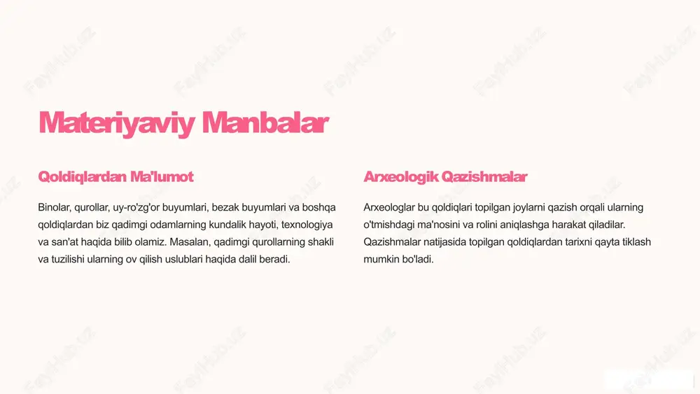 tushunishga yordam beradi. 7 arxeologiyada texnologiya 3d skanslash 3d skanerlash texnologiyasi yordamida qadimgi qoldiqlari aniq tasvirlarni olish mumkin. bu tasvirlar qayta tiklash, tahlil qilish va o'rganish uchun ishlatiladi. gis geografik axborot tizimlari gis yordamida qazish joylarini xaritaga tushirish, artefaktlarni joylashtirish va qoldiqlari joylashuvi haqida ma'lumotlarni tahlil qilish mumkin. laboratoriya laboratoriya analizlari karbon 14 usuli yordamida artefaktlarning yoshi aniqlanadi. boshqa laboratoriya analizi usullari yordamida artefaktlarning tarkibi, ishlatilish usuli va kelib chiqishi haqida ma'lumotlar olinadi. 8 arxeologiya va tarix 1 arxeologiya tarixni o'rganishga yordam beradi. arxeologik topilmalar tarixiy matnlar bilan birgalikda o'tmishdagi hayot haqida to'liq tasvirni beradi. 2 arxeologik topilmalar tarix kitoblarida yozilmagan voqealar haqida ma'lumot beradi. masalan, qadimgi qishloqlarning qoldiqlari o'sha davrda odamlarning qanday yashaganligi haqida ma'lumot beradi. 3 arxeologiya o'tmishdagi tsivilizatsiyalar haqida yangi ma'lumotlarni kashf etishga yordam beradi. bu ma'lumotlar tarix kitoblarini qayta yozishga va o'tmish haqida tushunchamizni kengaytirishga yordam beradi. 9 arxeologiya va madaniyat 10 arxeologiya - o'tmishni tushunish …