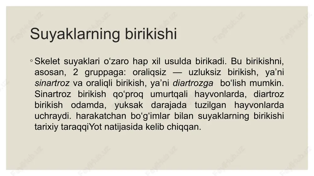 idir. ba’zi bo‘g‘imlar bo‘shlig‘ida pay (bog‘lag‘ich)lar, yaltiroq tog‘aylar va muskul paylari bo‘ladi. bo‘g‘imlarning tashqi yuzasida ko‘p miqdorda pishiq bog‘lag‘ich, muskul va paylar bo‘lib, ular bo‘g‘imning mustahkamligini ta’minlaydi e’tiboringiz uchun rahmat image2.jpg image3.jpeg image4.jpeg image5.jpeg image6.jpeg image7.jpeg image8.jpeg /docprops/thumbnail.jpeg