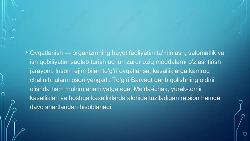 i hosil qilishga sarflanadi. yogʻlarga boʻlgan ehtiyojning qondirilishi yogʻning turi va sifatiga bogʻliq. hayvon va oʻsimlik yogʻlari bir-birining oʻrnini bosa oladi. ovqat ratsionidagi yogʻlar meʼyori odamlarning yoshi, mehnat faoliyati va iklimiy xususiyatlarga qarab belgilanadi. oʻzbekiston aholisi uchun taklif etilgan ovqat meʼyorlarida kaloriyalarning 30% ini yogʻlar hisobiga qondirish koʻzda tutilgan. sutkalik ovqat ratsionidagi yogʻlarni normalashda har 1000 kkal ga 35 g yogʻ moʻljallanadi. ovqat ratsioniga kiradigan yogʻlarning sifat tarkibi maʼlum ahamiyatga ega. ovqatga har xil hayvon, parranda va baliqlar yogʻi, shuningdek, oʻsimlik moyi qoʻshish foydali. kunlik ratsionda 70—85 g cha hayvonlar yogʻi (shulardan, 40 grammi tabiiy holda, qol-gani har xil oziqovqat, tabiiy mah-sulotlar tarkibida) boʻlishi lozim. ovqat ratsioni tarkibiga baʼzi yogʻsimon moddalar — xolesterin va letsitin ham kiradi. suyak skeleti odam gavdasi ogʻirligining taxminan ½—1/3 qismini tashkil etadi, suyaklarning 2/3 qismi esa mineral tuzlardan tashkil topgan odam organizmida boʻladigan jami kalsiyning 99% suyak toʻqimasi tarkibiga kiradi: qolgan 1% kalsiy moddalar almashinuviga …