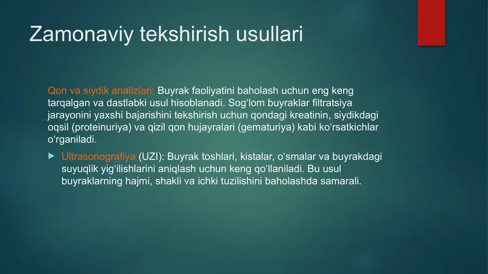 mining koʻtarilishi (arterial gipertenziya) belda ogʻriq, kuchsizlik tasnifi shakliga koʻra analgetik nefropatiya metabolik nefropatiya og’ir metallardan kelib chiqqan toksik nefropatiya refluksli nefropatiya miyelomli buyrak nefropatiyasi klinik kechishiga ko’ra o’tkir tin – to’satdan rivojlanadi, odatda dori, toksin yoki infeksiya ta’sirida. surunkali tin – sekin-asta rivojlanadi, uzoq davom etadi, fibroz va buyrak yetishmovchiligiga olib keladi. laborator-asbobiy tekshirishlar. umumiy qon taxlilida: kamqonlik, o’tib ketuvchi yoki buyrak lida) kuzatilishi mumkin. funksiyasi buzilishi natijasida kuchayib boradigan va eozinofiliya (kasallikning dori etiologiyali shak- umumiy siydik tahlilida: peshobning nisbiy zichligi pasayishi, ishqoriy muxit, leykotsituriya (bak-teriyauriyasiz), gematuriya (papillyar nekrozda makrogematuriya), proteinuriyani 3 g/kunda boʻlishi yoki kuzatilmasligi, kanalchalar proteinuriyasi, shu jumladan, ß2-mikroglobulinuriyasi aniqlanadi. qon biokimyoviy taxlilida: qonda kreatinin konsentratsiyasini ortishi, buyrak funksiyasi buzilishi kuza-tilganda kaliy miqdorini, uratli tubulointerstitsial nefropatiyada giperurekemiya kuzatilishi mumkin. davolash. tubulointerstitial nefropatiyalarni davolash asosida etiologik omillarni bartaraf etish yotadi. kasallik dorilar va toksik moddalar ta’sirida kuzatilganda ular qabulini va organizm bilan aloqa-sini zudlik bilan to’xtatish lozim. …