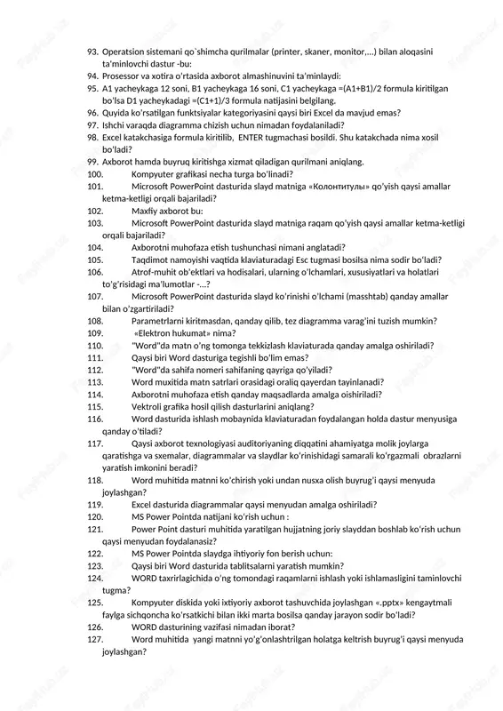 guruhi tanlangan. bu diapazonga nechta yacheyka kiradi? 70. windows so‘zining ma‘nosi nima? 71. excel dasturida formulani kiritish qanday belgi orqali boshlanadi? 72. kompyuterlarda ishlatiladigan amaliy dasturlar qanday dasturlar? 73. windowsni ishga tushiruvchi fayl qaysi? 74. klaviatura tillari rejimi qaysi tugmalarni birgalikda bosish orqali almashtiriladi? 75. diskda o’z nomiga ega bo’lgan va o’zida turli fayl, papka va yorliqlarni jamlagan ob’ekt qanday nomlanadi? 76. qaysi biri excel dasturiga tegishli menyu emas? 77. yacheykani manzili qanday belgilanadi? 78. word taxrirlagichida kursorni satrning boshiga olib o’tish tugmachasi. 79. ms word bu ... 80. power point dasturida «skrit slayd» qaysi menyudan amalga oshiriladi? 81. ms word dasturida ishlash mobaynida klaviaturadan foydalangan holda dastur menyusiga qanday o’tiladi? 82. fayl deb nimaga aytiladi? 83. elektron jadvalda b2:e4 yacheykalar ajratilgan. ajratilgan yacheykalar soni nechta? 84. ms word dasturida matn kiritish jarayonida hamma harfini katta holatda yozish uchun…? 85. microsoft powerpoint dasturida slaydga ovoz o’rnatish uchun qaysi amallar ketma-ketligi …