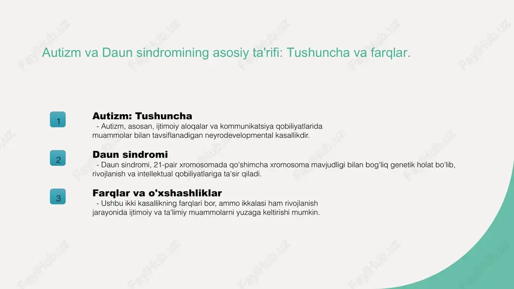 bul qilinishi: muammolar va imkoniyatlar. 01 ijtimoiy qabul qilinish autizm va daun sindromi ijtimoiy qabul qilinishi, ko'pincha stereotiplar va noto'g'ri tushunchalar bilan to'ldirilgan bo'lib, jamiyatda qiyinchiliklarga olib keladi. 02 muammolar o'zbekistonda autizm va daun sindromiga ega shaxslar ko'pincha ijtimoiy izolyatsiyaga duchor bo'lishadi, bu ularning ta'lim va ish imkoniyatlarini cheklaydi. 03 imkoniyatlar ijtimoiy qabulni oshirish uchun ta'lim va ongli targ'ibot orqali imkoniyatlar yaratilishi mumkin, bu autizm va daun sindromidagi shaxslarning hayot sifatini yaxshilaydi. madaniy kontekstda autizm va daun sindromining ta'siri: o'zbekiston misolida. madaniy anglash o'zbekistonda autizm va daun sindromiga bo'lgan munosabatlar ko'pincha stereotiplar va noto'g'ri tushunchalarga asoslangan, bu esa ijtimoiy izolyatsiyaga olib keladi. ta'lim tizimidagi muammolar o'zbekistondagi ta'lim tizimi autizm va daun sindromiga ega bolalarni qo'llab-quvvatlashda yetarli emas, bu esa ularning rivojlanishiga salbiy ta'sir ko'rsatadi. ijtimoiy integratsiya ijtimoiy integratsiya jarayonida, autizm va daun sindromiga ega shaxslar uchun imkoniyatlar yaratish va ularni jamiyatga jalb qilish muhim ahamiyatga ega. ijtimoiy integratsiya: autizm va …