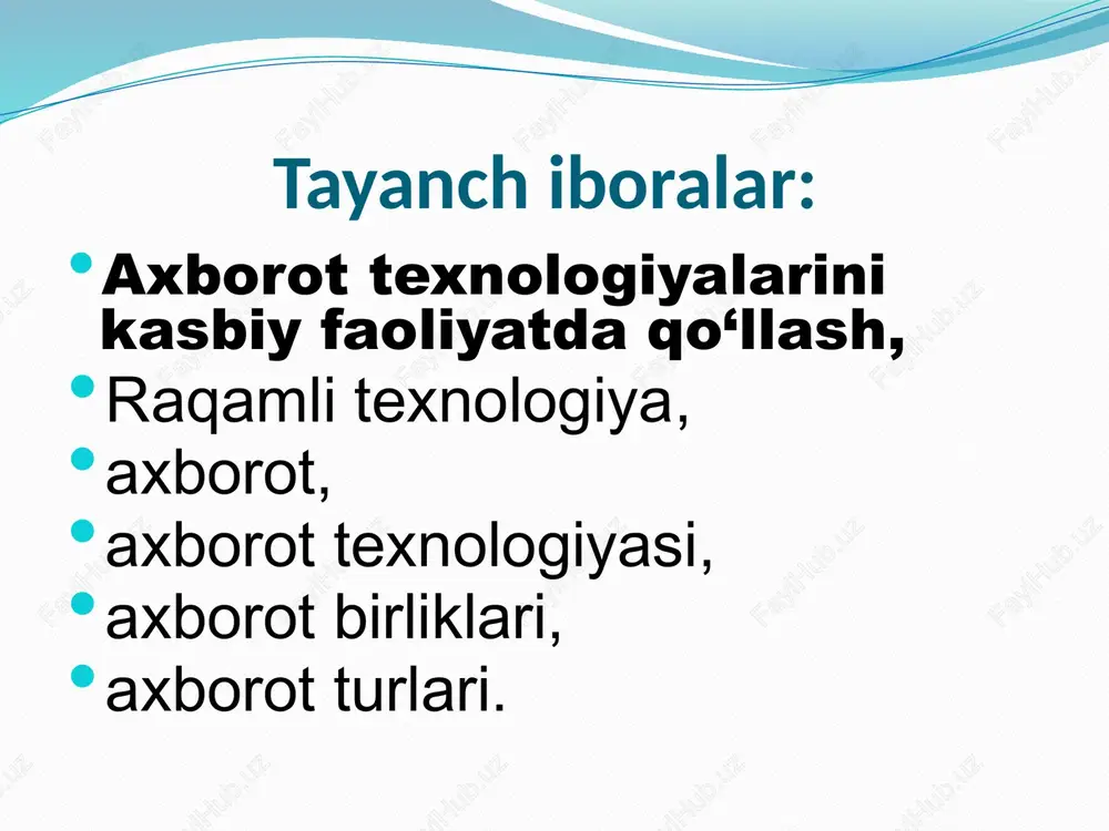 n foydalanish va to’lovlar, dars jadvali, o‘lchash majmualarining yer va fazo stantsiyasi o‘rtasidagi masofa to‘g‘risidagi ma’lumotlar va hokazolar axborot bo‘lishi mumkin. axborot taqdim etilishidan qatiy nazar shaxs, predmet, dalil, voqea, xodisa va jarayonlar xaqidagi ma'lumotlar., .dalil, voqea, hodisa, predmet, jarayon kabi obyektlar haqidagi bilim hamda tushunchalar yoki buyruqlar, ma'lum xos matnda aniq ma'noga ega tushunchalarni ichiga olgan dalil, voqea, xodisa, predmet, jarayon, taqdimot kabi ob'ektlar xaqidagi bilimlar majmui, turli ob'ektlarning o'zaro ishlashida ro'y beruvchi aks etish jarayonining aktiv xarakatlarni ta'minlash uchun yaroqli natijalari. qiziqish uyg‘otishi mumkin bo‘lgan va saqlanishi va qayta ishlanishi lozim bo‘lgan jami dalil va ma’lumotlar. aks etilgan xilma-xillik axborot so’zi lotincha informatio so’zidan olingan bo’lib, «tushuntirish», «tavsiflash» degan ma’noni anglatadi. u asosan, uchta muhim sifatga ega bo’lishi lozim: 1.axborot o’rganilayotgan narsa yoki hodisani har taraflama to’liq ifodalashi lozim, ya’ni axborot to’liqlik sifatiga ega bo’lishi lozim; 2.axborot ma’lum ma’noda qimmatli bo’lishi lozim , aks holda undan foydalanish extiyoji …