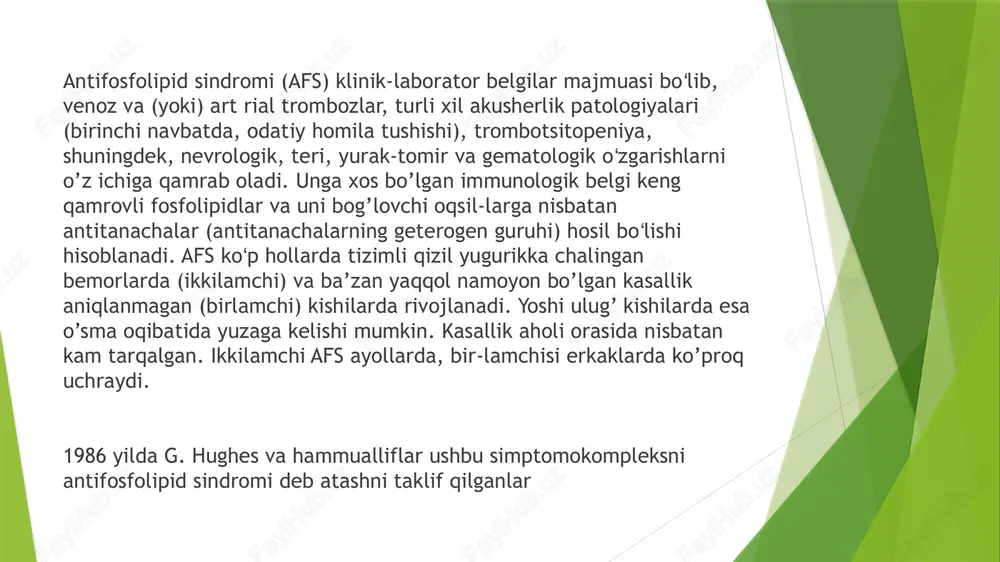 i bezi markaziy venalari trombozi ushbu a’zo yetish-movchiligiga olib keladi. arteriyalar trombozi miya ichi katta va kichik o’lchamdagi tomirlarida kuzatilib insult, tranzitor ishemik xurujlar, turli nevrologik belgilar, talvasa sindromi, altsgeymer kasalligini eslatuvchi multiin-farkt demensiya, ruhiy o’zgarishlar bilan namoyon bo’ladi. yurak qopqoqchalarining zararlanishi afsning tez-tez kuzatiluvchi kardiologik belgisi hisoblanadi. u faqat exokg yordamida aniqlanuvchi (uncha katta bo’lmagan regurgitatsiya, qopqoqcha tabaqalari-ning qalinlashishi) minimal o’zgarishlardan tortib, og’ir yurak nuqsonlarigacha (mitral qopqoqchalar yetishmovchiligi yoki uning teshigi stenozi, kamroq hollarda aortal va trikuspidal nuqsonlar) bo’lishi mumkin. ba’zan qopqoqchalarda vegetatsiyalar kuzatilib, bemorlarda gemorragik sindrom aniqlanadi. afsning og’ir asoratlaridan biri arterial gipertenziya hisoblanib, qon bosimi ko’rsatkichlari labil yoki stabil yuqori bo’ladi. uning ko’tarilishiga turli omillar, shu jumladan, buyrak tomirlari trombozi va infarkti, qorin aortasi trombozi olib keladi. ayrim bemorlarda koptokchalar ichi mikrotromblarining rivojlanishi (trombotik mikroangiopatiya) pirovard oqibatda glomerulosklerozga va buyrak faoliyati-ning buzilishiga sabab bo’ladi davolash eʼtiboringiz uchun rahmat image1.jpeg image2.jpeg image3.jpeg image4.jpeg image5.jpeg image6.jpeg image7.jpeg image8.jpeg /docprops/thumbnail.jpeg