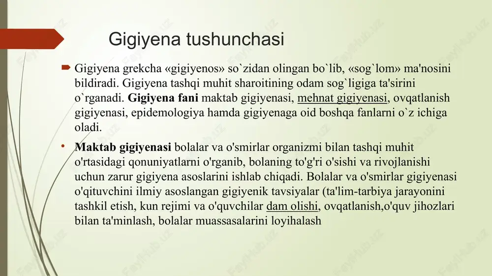 ning hayot faoliyatiga, taʼlim-tarbiyasiga taʼsirini oʻrganadi, oʻsayotgan avlodning barkamol hamda jismoniy va maʼnaviy jihatdan uygʻun rivojlanishi uchun zarur boʻlgan chora-tadbirlarni ishlab chiqadi. bolalar va oʻsmirlar sogʻligʻini oʻrganish va saqlash. buning uchun biologik va ijtimoiy omillar, tashqi muhit hamda umumiy taraqqiyot qonunlarining bolalar va oʻsmirlar organizmiga taʼsirini oʻrganish talab etiladi. har bir yoshga oid kasalliklarning kelib chiqish sabablarini aniqlash esa kasallikning oldini olish chora tadbirlarini belgilash va hayotga tatbiq etish imkonini beradi. hozirgi yosh avlodning sogʻligʻini belgilangan muddatda tekshira borish (tibbiy koʻrikdan oʻtkazish) bilan birga antropometrik usullarni qoʻllash orqali ularning jismoniy rivojlanishi aniqlanadi. shaxsiy gigiyena qoidalariga bolalar juda yoshligidanoq odatlanishi zarur. bolada asosiy fiziologik jarayonlar – uyqu, uygʻoqlik, ovqatlanish (emish)ning oʻz vaqtida almashinib turishi ayniqsa bolaning birinchi yoshida katta ahamiyatga ega. har kuni maʼlum soatlarda ovqatlanish (emish), uxlash bolaning oʻsishi va rivojlanishiga, ayniqsa nerv sistemasiga yaxshi taʼsir qiladi. bolani hamisha maʼlum vaqtda (har 2—3,5 soatda) emizish tartibiga amal qilish lozim. yosh …