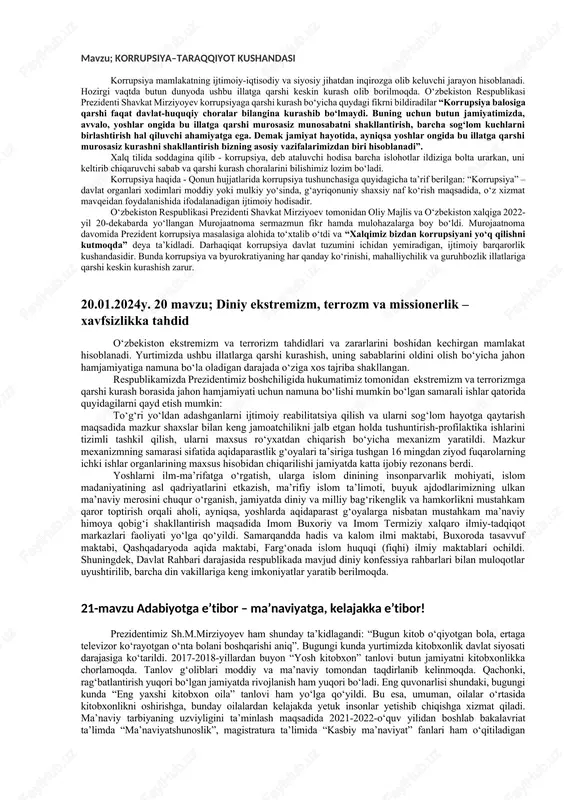 ining o‘ziga xos jihati, milliy, ijtimoiy, diniy holatlari o‘rganildi. milliy strategiyaning ustuvor yo‘nalishlari quyidagilar etib belgilandi: – ekstremizm va terrorizm mafkurasi tarqalishining oldini olish maqsadida vatanparvarlik, an’anaviy qadriyatlar va bag‘rikenglik g‘oyalarini targ‘ib qilish; – voyaga yetmaganlar va yoshlar orasida ekstremistik g‘oyalar tarqalishining oldini olish; – xotin-qizlar huquqlarini himoya qilish va ularning ekstremizm va terrorizmga qarshi kurashishdagi rolini kuchaytirish; – uzoq muddat xorijda bo‘lgan fuqarolarni ekstremizm va terrorizm g‘oyalari ta’siridan himoya qilish; – ekstremistik va terrorchilik maqsadlarida internet jahon axborot tarmog‘idan foydalanishga qarshi kurashish; – fuqarolik jamiyati institutlari va ommaviy axborot vositalarining ekstremizm va terrorizmga qarshi kurashishdagi ishtirokini ta’minlash; – ekstremistik va terrorchilik harakatlari, shuningdek, ularni moliyalashtirganlik uchun huquqiy ta’qib va javobgarlikka tortish choralarini takomillashtirish; – ekstremizm va terrorizmga qarshi kurashish sohasidagi normativ-huquqiy bazani takomillashtirish; – xalqaro va mintaqaviy hamkorlik. mavzu; mardlar qo‘riqlaydi vatanni! 1993-yil 29-dekabr kuni o‘zbekiston respublikasi oliy kengashining qarori bilan “14-yanvar – vatan himoyachilari kuni” deb belgilandi. vatanni …