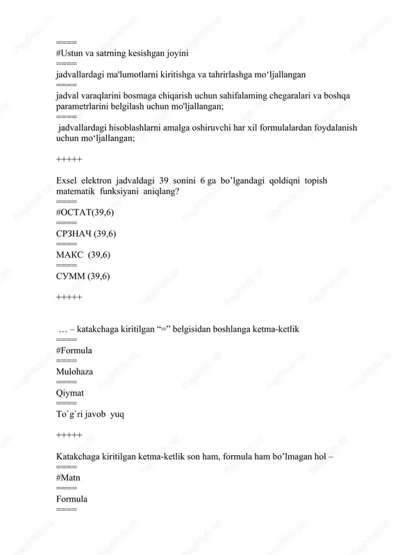 belgilab olingan ob’ektni qirqib olish ==== belgilab olingan ob’ektni o’chirib tashlash ==== belgilab, nusxasi olingan yoki qirqib olingan ob’ektni qo’yish +++++ power point dasturida matn bo`ylab harakat qanday amalga oshiriladi? ==== #kursorni boshqarish tugmalari yordamida (chap, o’ng, teppe va past) ==== backspace tugmasi yordamida ==== delete tugmasi yordamida ==== to`g`ri javob a va b +++++ word matn muharriridan klaviaturaning qaysi tugmalarini bosish orqali chiqib ketish mumkin? ==== #[ctrl]+[w] ==== [alt] ==== [ctrl]+[alt]+[del] ==== [ctrl]+[f3] +++++ power point dasturida matnni (kiritilgan ma’lumotlarni) xotirada saqlash qanday yo`l bilan amalga oshiriladi? ==== #b va c ==== fayl – soxranit ==== fayl – soxranit kak … ==== fayl – zakrit +++++ power point dasturi oynasining eng yuqori qismida nima joylashgan? ==== #sarlavha satri ==== menyu satri ==== uskunalar qatori ==== ishchi sohasi +++++ ms word dasturi oynasining eng yuqori qismida nima joylashgan? ==== #sarlavha satri ==== menyu satri ==== uskunalar qatori ==== ishchi sohasi …