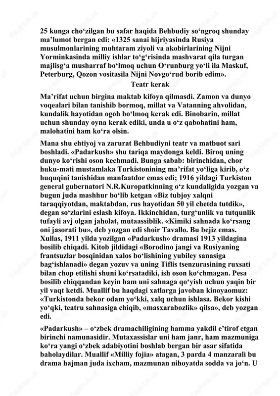ham ko‘ra olsin. mana shu ehtiyoj va zarurat behbudiyni teatr va matbuot sari boshladi. «padarkush» shu tariqa maydonga keldi. biroq uning dunyo ko‘rishi oson kechmadi. bunga sabab: birinchidan, chor huku-mati mustamlaka turkistonining ma’rifat yo‘liga kirib, o‘z huquqini tanishidan manfaatdor emas edi; 1916 yildagi turkiston general gubernatori n.r.kuropatkinning o‘z kundaligida yozgan va bugun juda mashhur bo‘lib ketgan «biz tubjoy xalqni taraqqiyotdan, maktabdan, rus hayotidan 50 yil chetda tutdik», degan so‘zlarini eslash kifoya. ikkinchidan, turg‘unlik va tutqunlik tufayli avj olgan jaholat, mutaassiblik. «kimiki sahnada ko‘rsang oni jasorati bu», deb yozgan edi shoir tavallo. bu bejiz emas. xullas, 1911 yilda yozilgan «padarkush» dramasi 1913 yildagina bosilib chiqadi. kitob jildidagi «borodino jangi va rusiyaning frantsuzlar bosqinidan xalos bo‘lishining yubiley sanasiga bag‘ishlanadi» degan yozuv va uning tiflis tsenzurasining ruxsati bilan chop etilishi shuni ko‘rsatadiki, ish oson ko‘chmagan. pesa bosilib chiqqandan keyin ham uni sahnaga qo‘yish uchun yaqin bir yil vaqt ketdi. muallif bu haqdagi xatlarga …