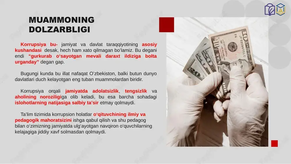 tijasida raqobatbardosh, tanqidiy-tahliliy fikrlaydigan milliy kadrlarni yetishtirish 4 1 2 3 vazifa to‘rtinchidan uchinchidan ikkinchidan birinchidan maktabdagi yoshlarning huquqiy ongi, madaniyatni oshirishga qaratilgan chora-tadbirlarni amalga oshirish, korruptsiyaga oid huquqbuzarliklarni o'z vaqtida aniqlash, ularga chek qo‘yish, unga imkoniyat yaratuvchi sabablar, shart-sharoitlar va oqibatlarni bartaraf etish korrupsiyani yo‘qotish uchun har bir rahbar qalbida avvalo vatanparvarlik tuygʻusini shakllantirish kerak, rahbar ma’naviyatini oshirishni davlat siyosati darajasiga oshirish ma’naviyatini boyitish kerak kichik yoshdagi bolalarga poraxo‘rlik va uning yomon illatlari haqida o‘yinlar orqali tushuntirish shunday holat kuzatilganda qanday jazo choralarini ko‘rish kerakligi haqida bilimlar berish yoshlarda korrupsiyaga nisbatan toqatsiz munosabatni shakllantirish muammo yuzasidan xorijiy tajribalarni o‘rganganligi gonkongning korrupsiyaga qarshi kurashish mustaqil komissiyasi va singapurning korrupsiya faoliyati bo‘yicha tergov byurosi bilan tenglashtirish mumkin. singapur byurosi o‘z ichiga – tergov, maʼlumot va axborot, ko‘maklashish bo‘limlarini oladi. bo‘limlar ichida eng kattasi tergov bo‘lib, u byuro tomonidan amalga oshiriladigan operatsiyalar uchun masʼul sanaladi. singapur tajribasi bir qator mamlakatlarda joriy etildi. …